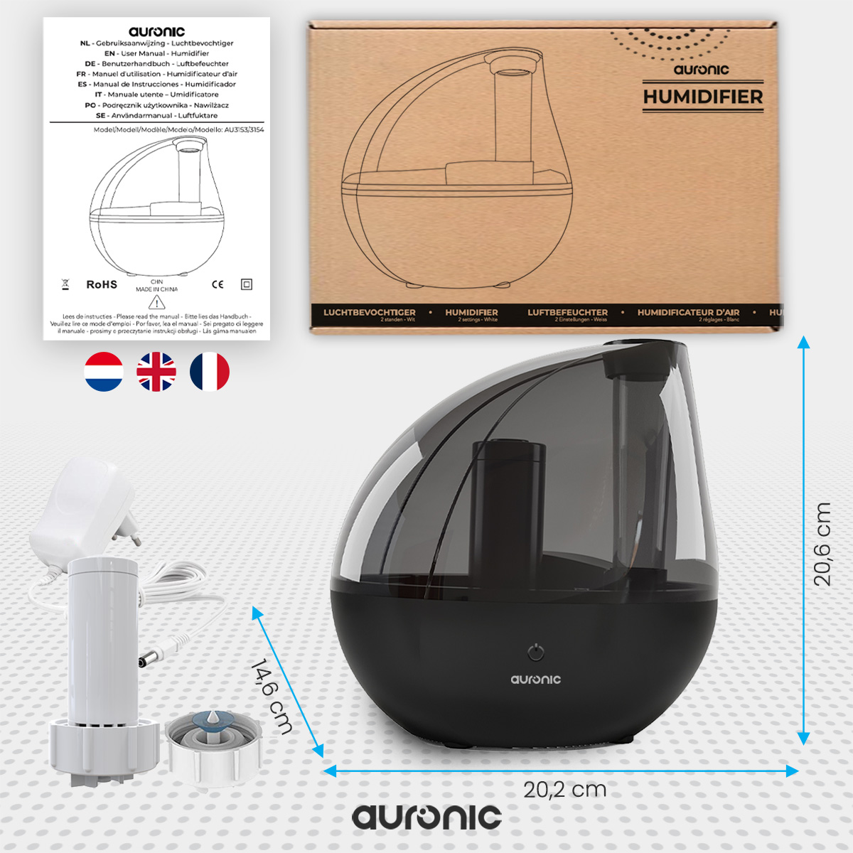 A black and gray humidifier with a diagram of its parts and dimensions.