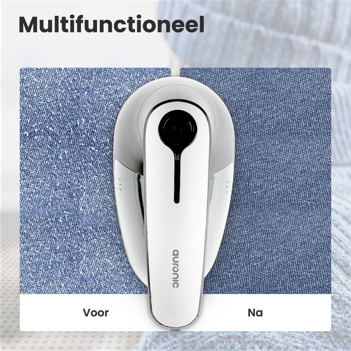 Witte en grijze stoffenscheerapparaat verwijdert pluisjes van blauwe denim. Tekst: Multifunctioneel.