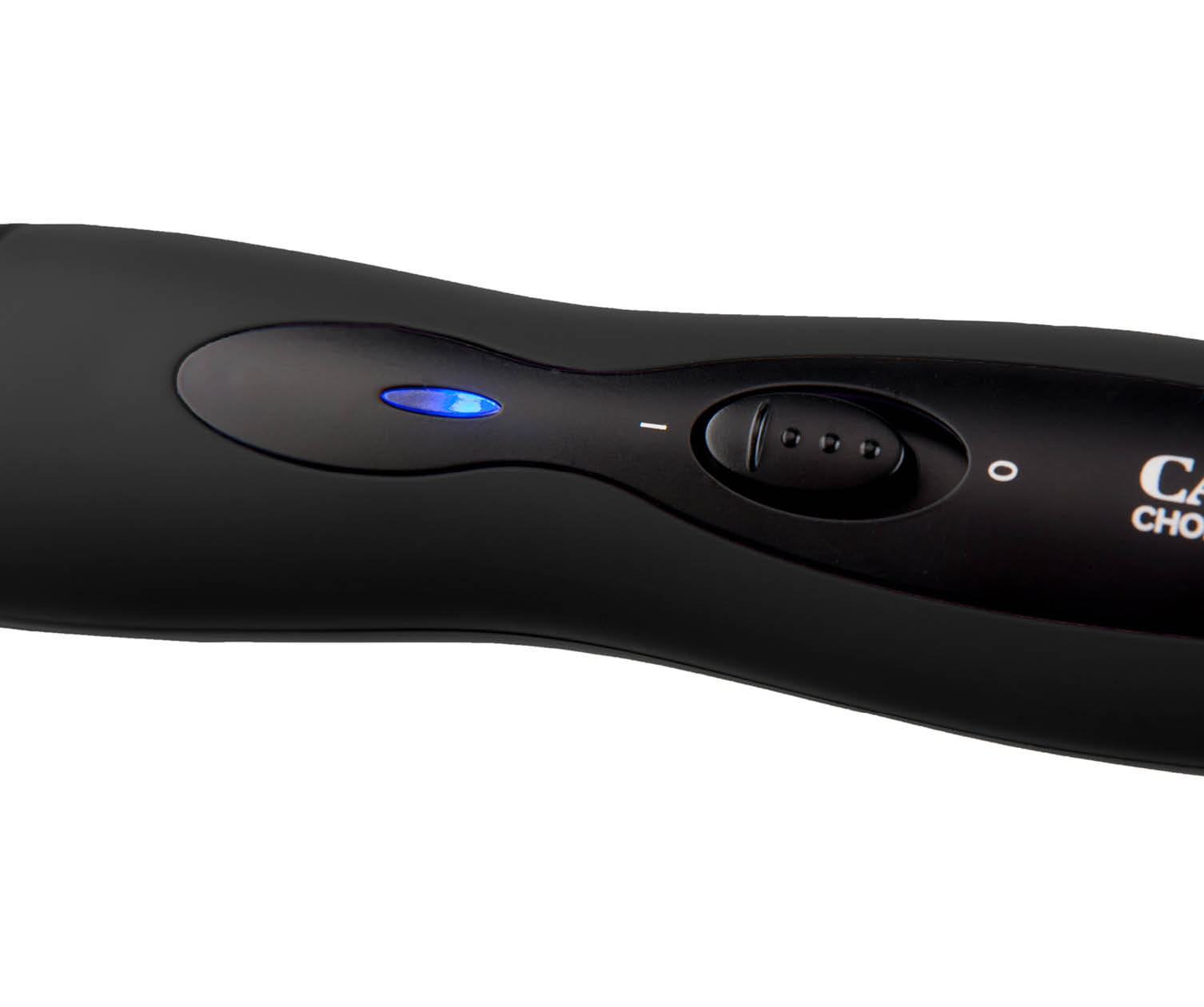 Black hair styler with a blue power light and control buttons.