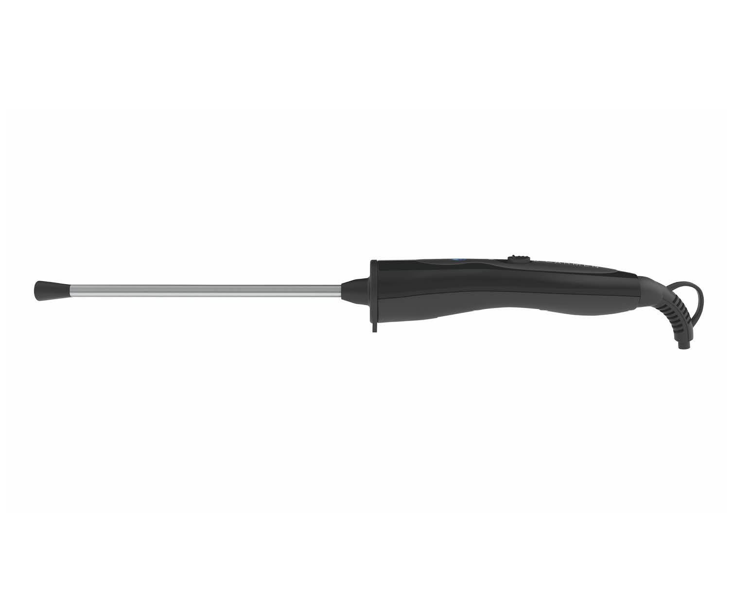 Black curling iron. It has a long, silver barrel and a black handle.