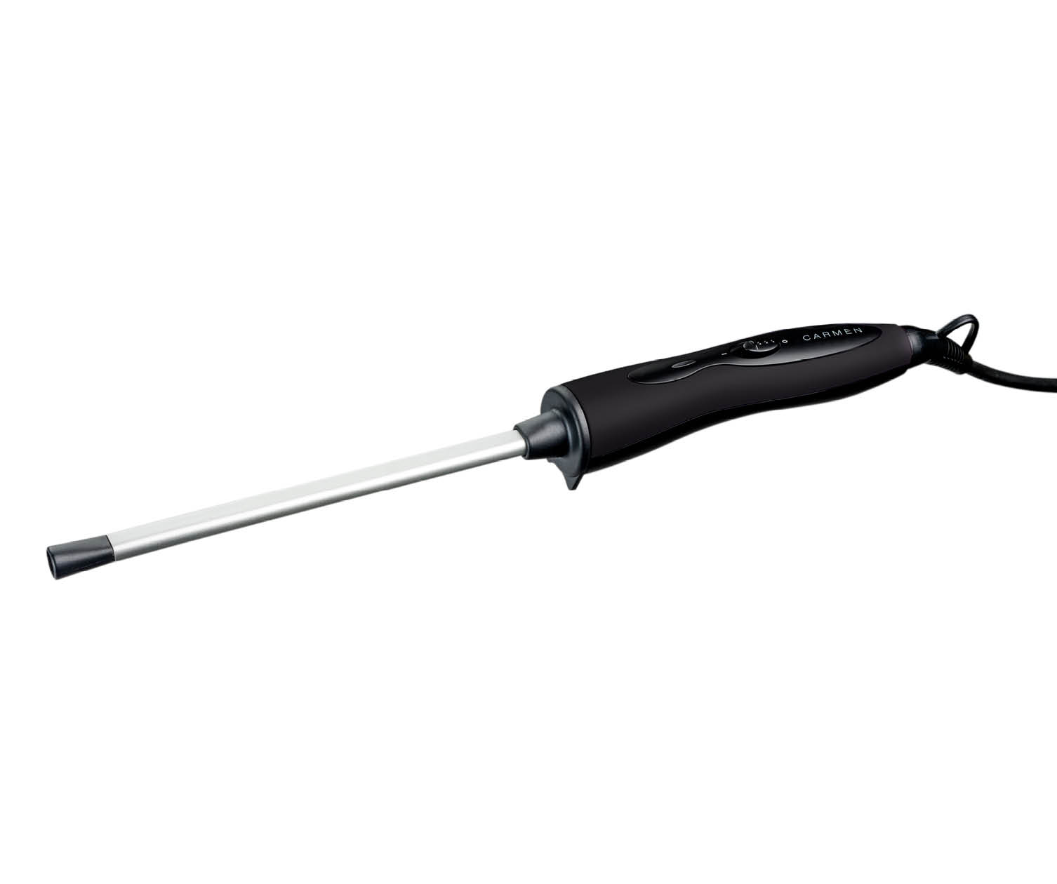 Black curling iron with silver barrel, angled on a white background.