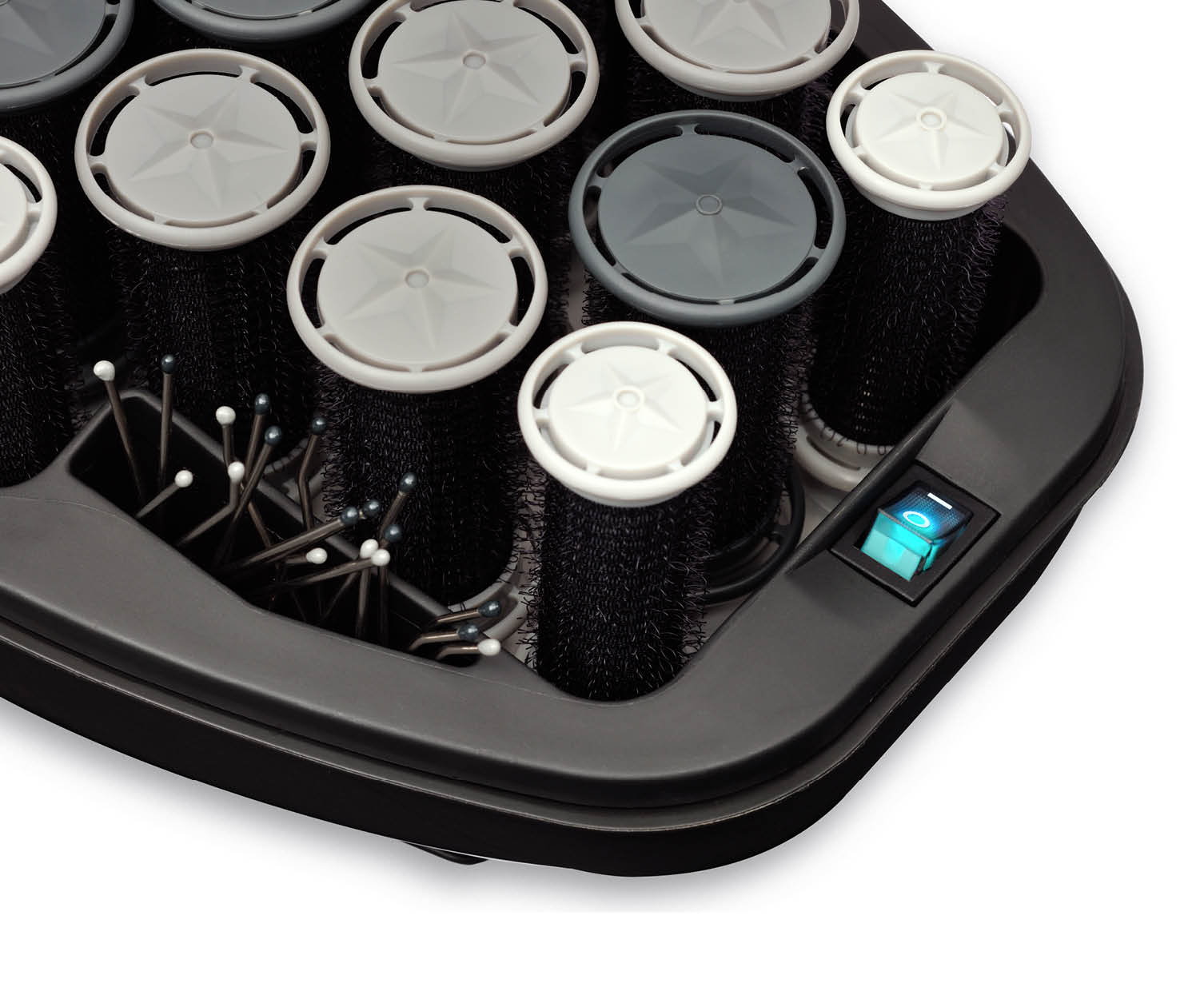Hair curler with rollers, black base, white and gray rollers, power button, white background.