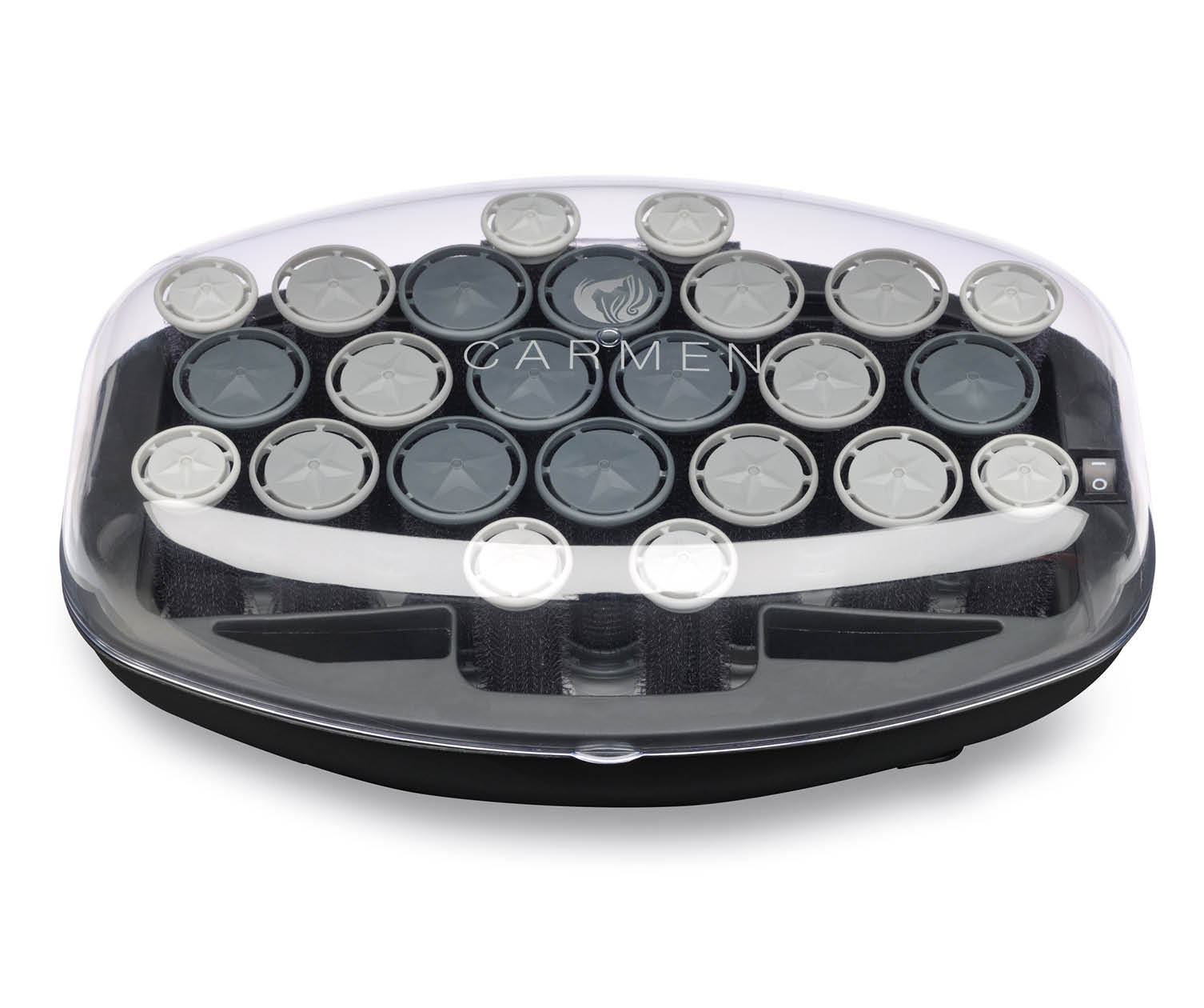 A Carmen hair curler set. The curlers sit inside a transparent container with the name Carmen on the lid.