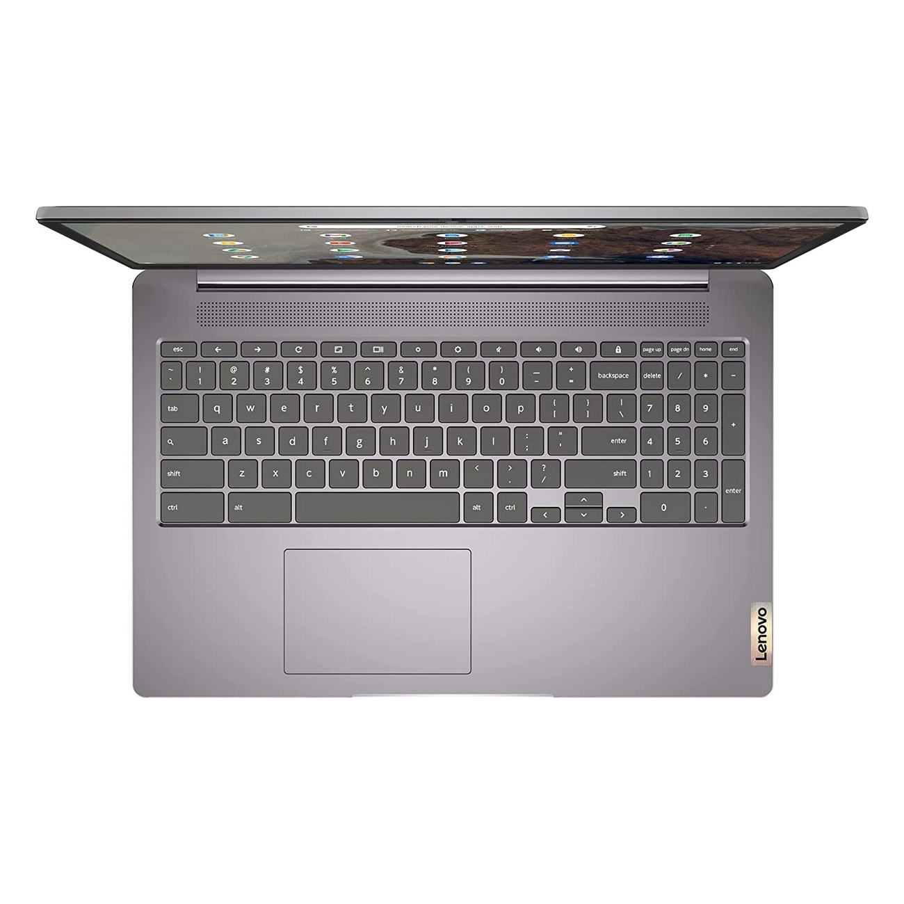 Widok z góry szarego laptopa Lenovo, widoczna klawiatura, na białym tle.