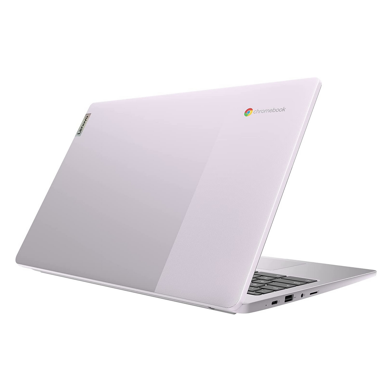 Laptop Lenovo Chromebook, pod kątem, pokazujący tył i bok, biały i szary.