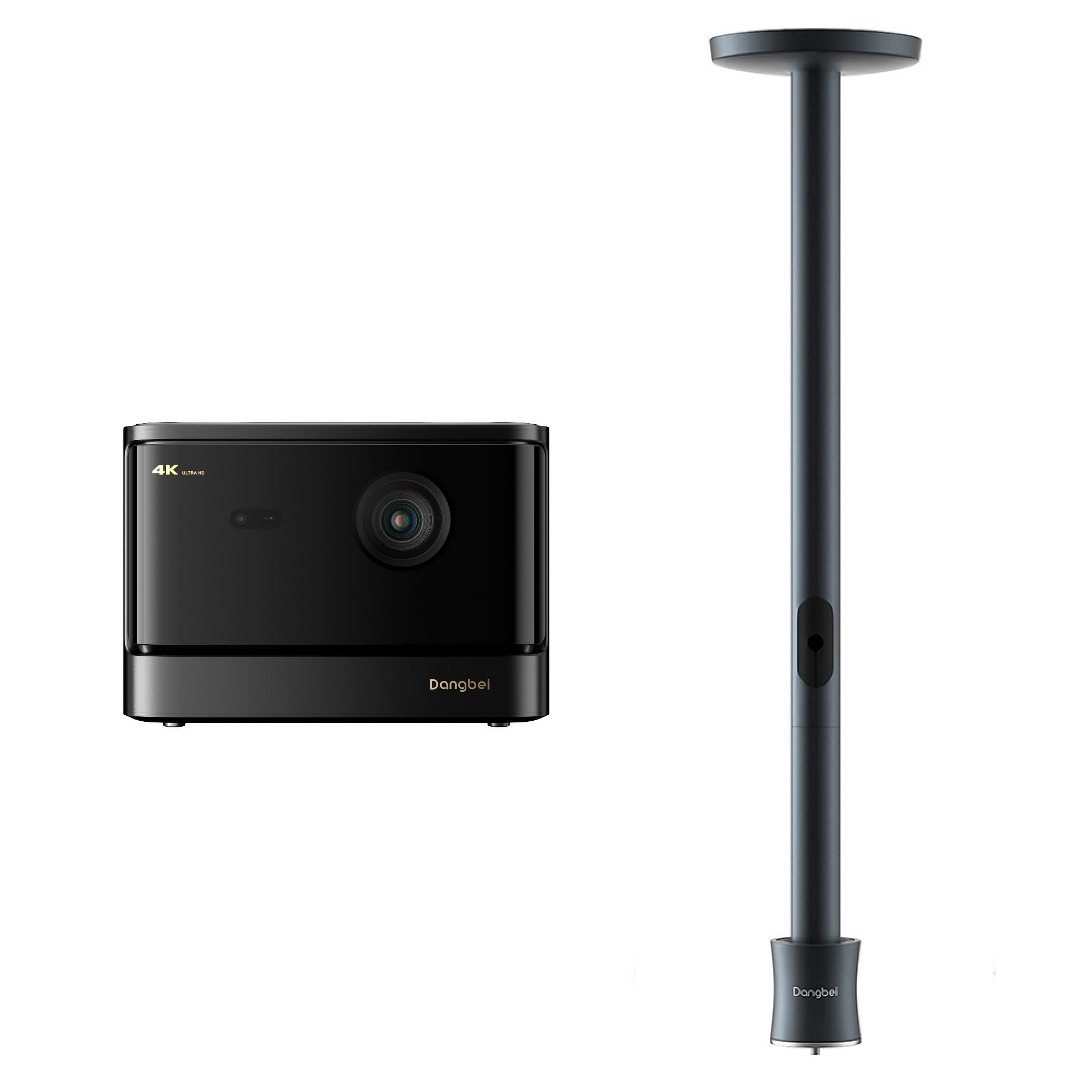 Czarny projektor z uchwytem i długim, czarnym słupem do montażu sufitowego.