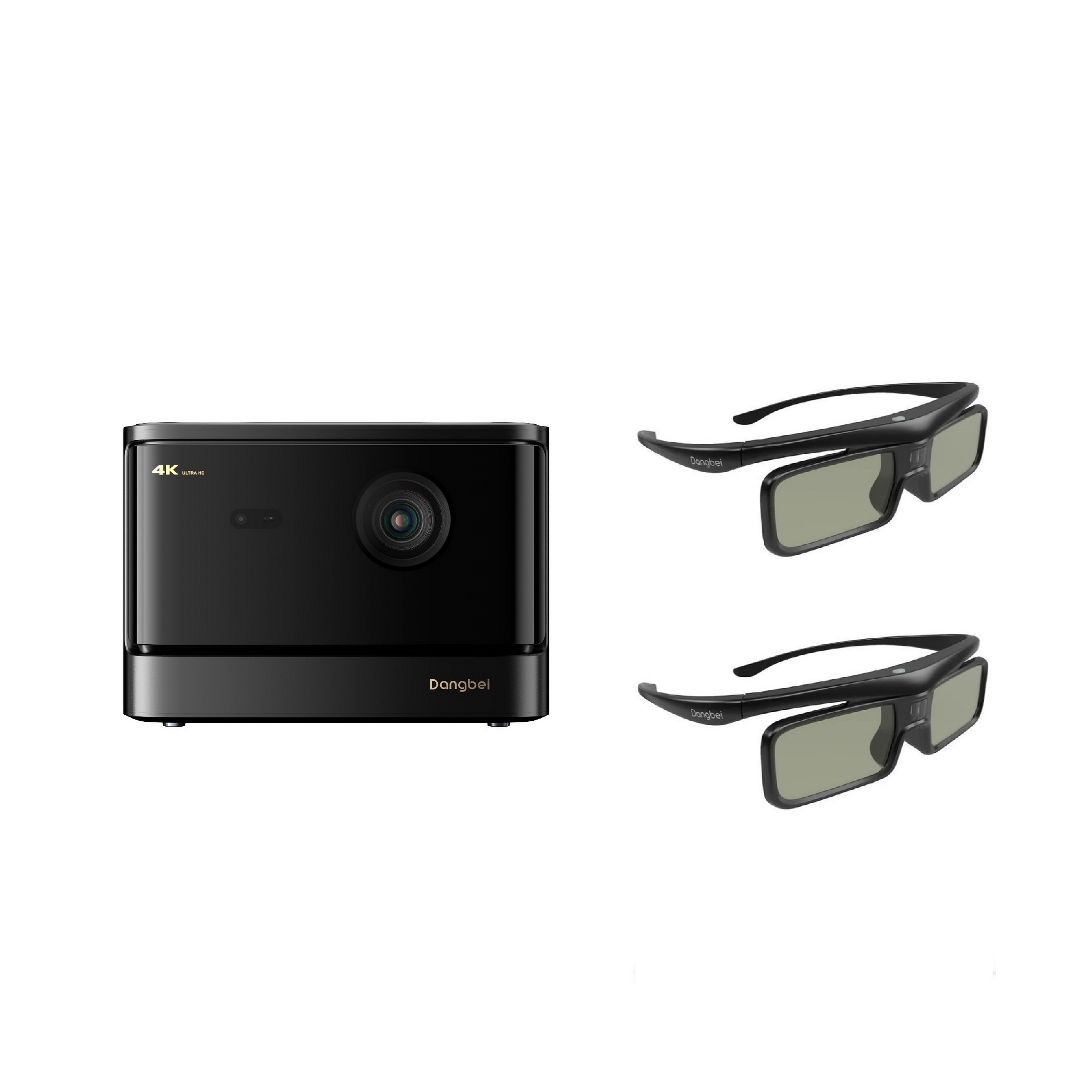 Czarny projektor z okularami 3D i białym tłem.