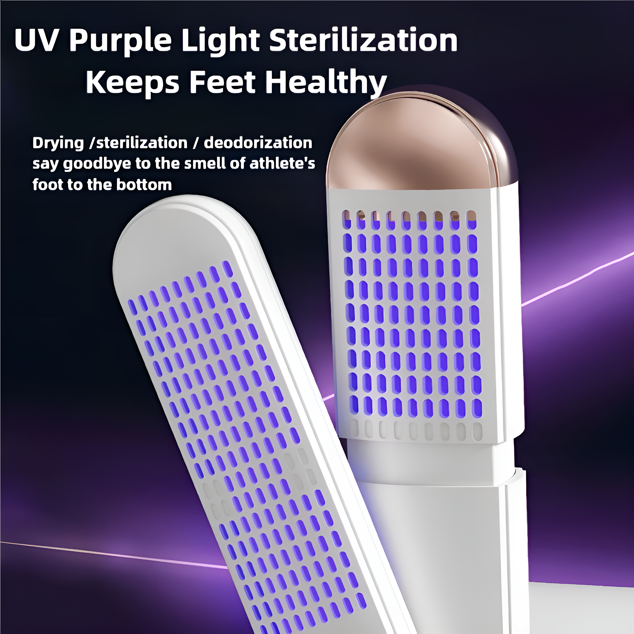 Ein weißes Gerät mit violetten Lichtern zur Fußsterilisation. Text: UV-Lila-Licht-Sterilisation hält die Füße gesund.