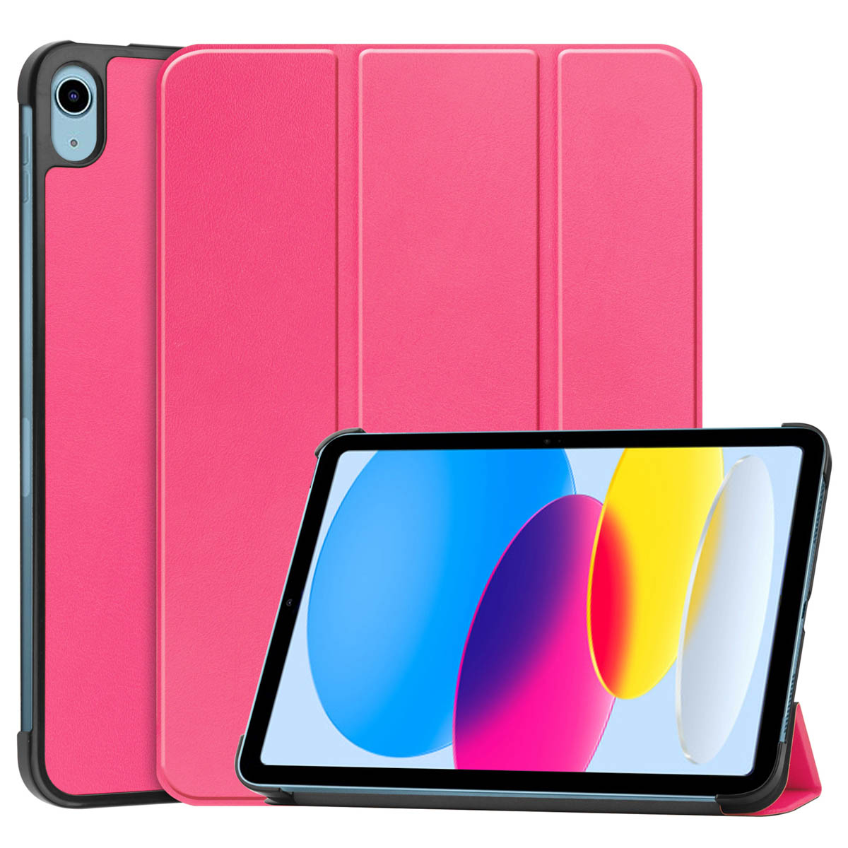 Roze tablet in een hoes, het scherm is zichtbaar met een kleurrijke achtergrond.