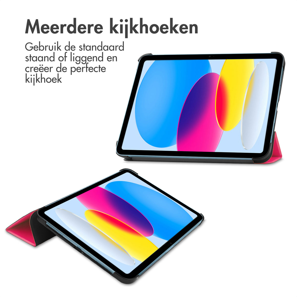Een tablet in een zwarte en roze hoes met meerdere kijkhoeken, op een witte achtergrond.