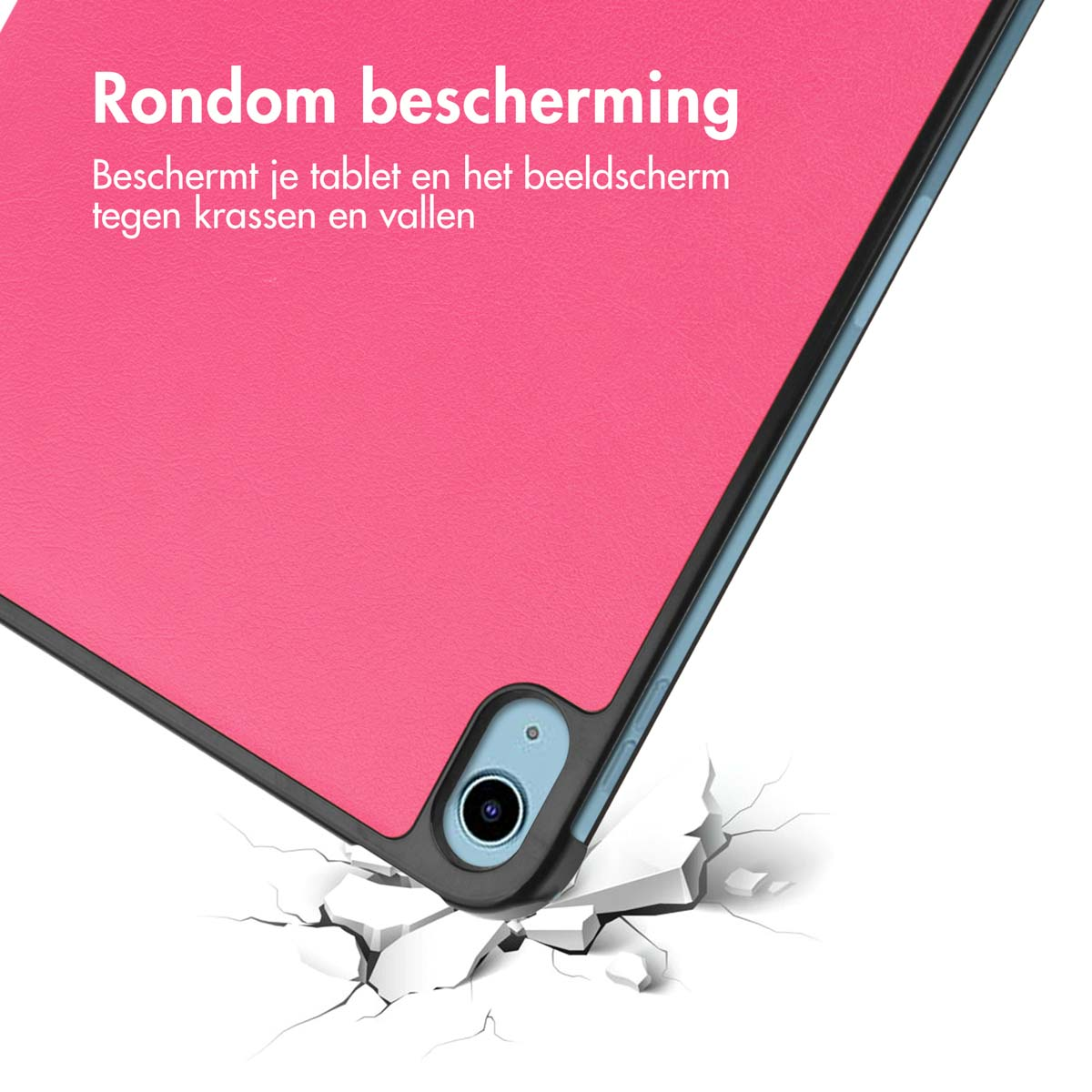 Een roze tablethoes met tablet erin, die de grond kraakt. Het scherm is zwart.