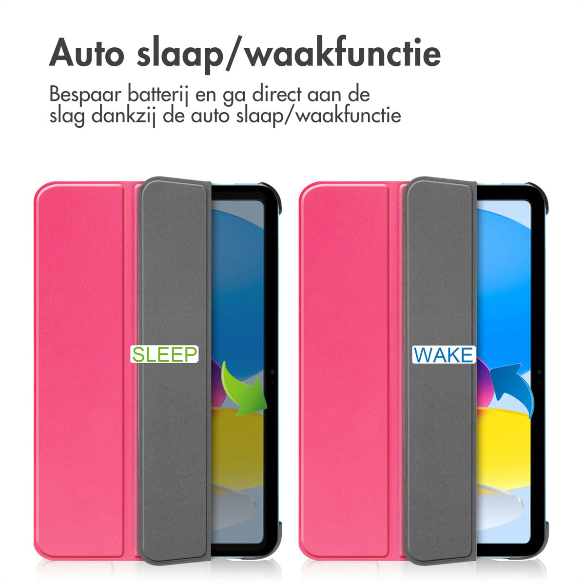 Twee tablethoezen, één open, met de labels 'Sleep' en 'Wake', met pijlen die de functie tonen.