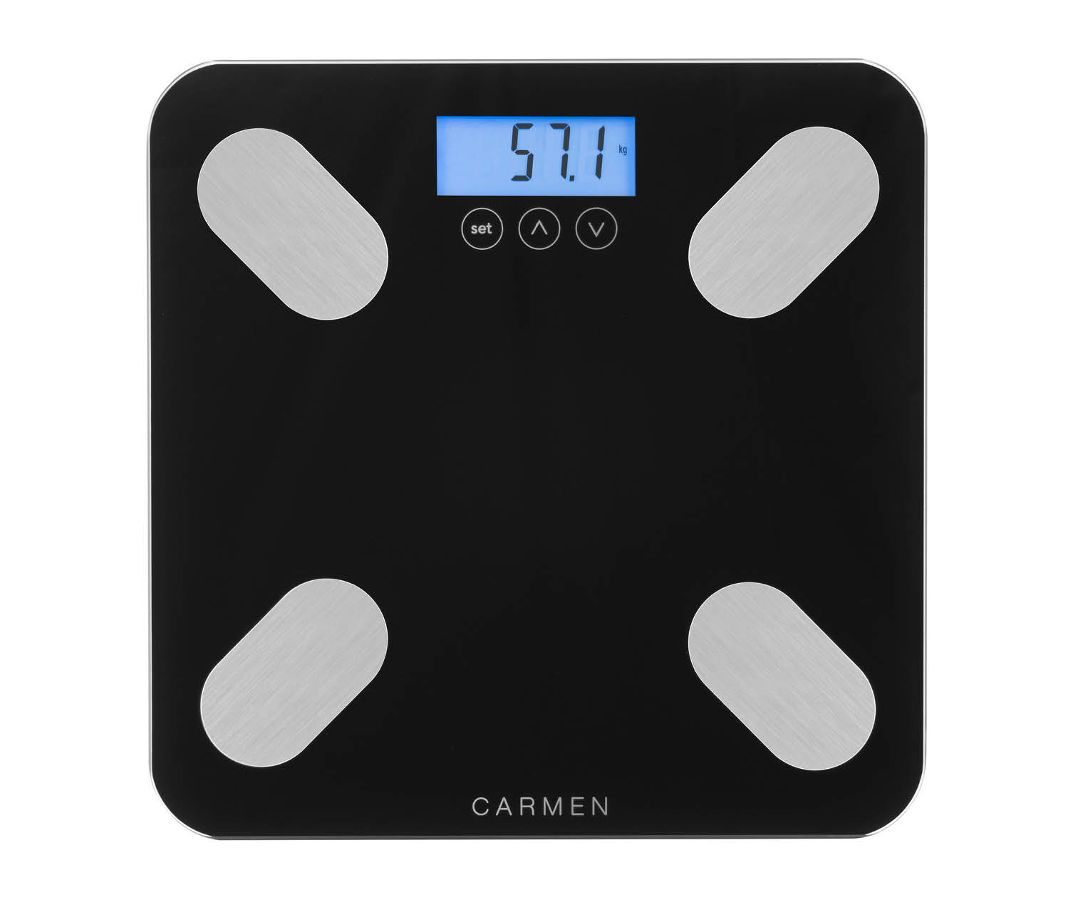 A black digital scale with silver pads showing 57.1 kg.