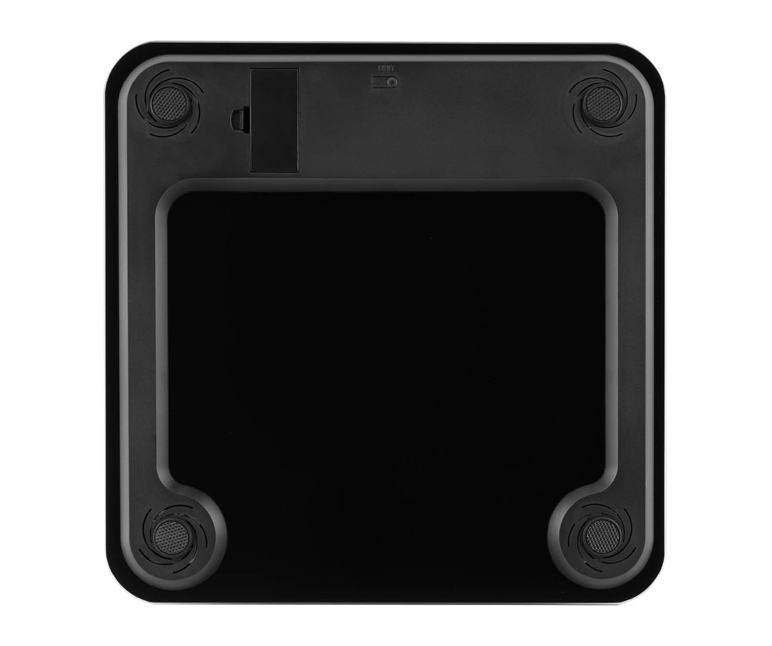 A black square body scale with four rounded feet and a battery compartment on the bottom side.