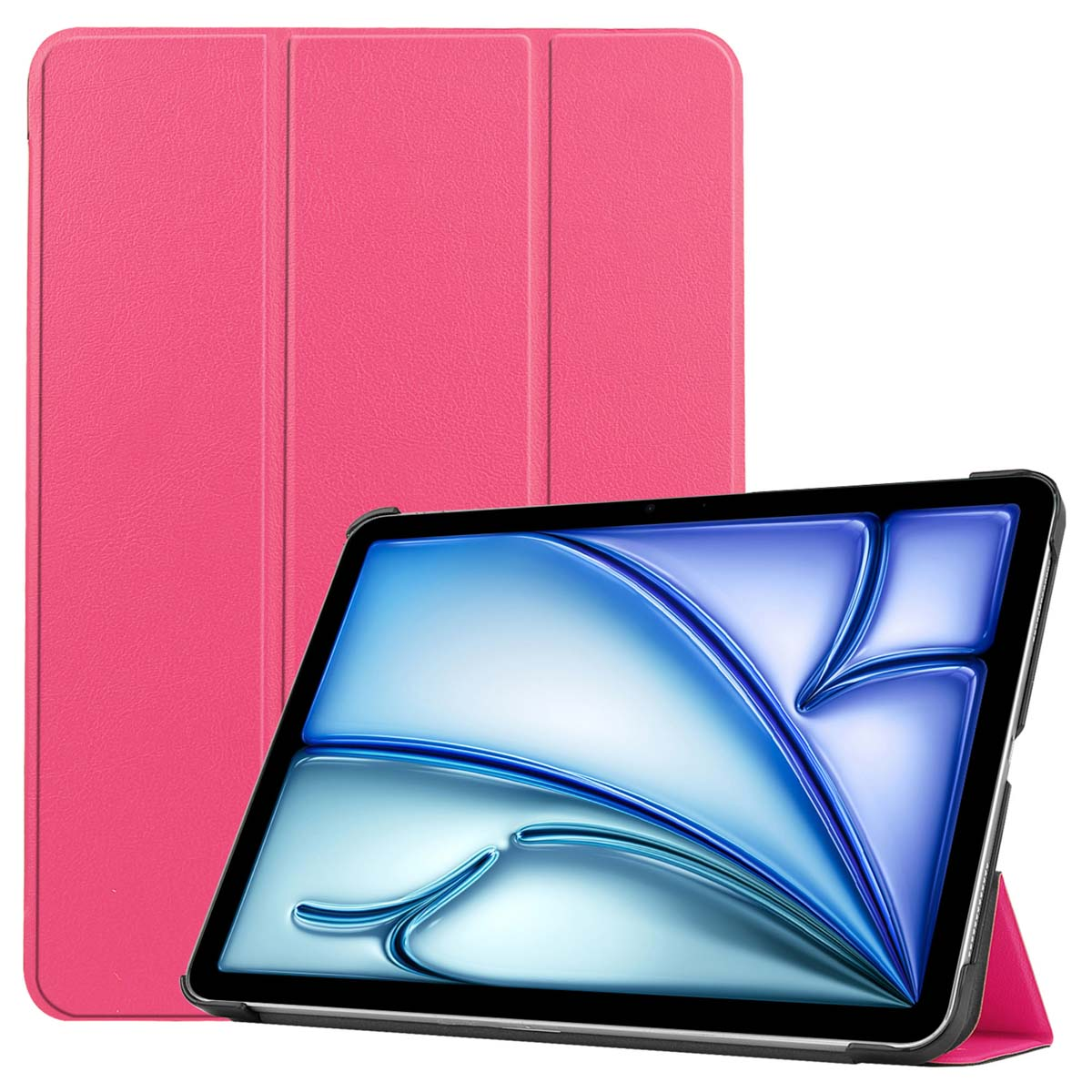Ein pinkfarbenes Tablet in einer pinkfarbenen Hülle. Das Tablet hat eine blaue Anzeige mit Linien. Die Hülle ist hinter dem Tablet geschlossen.