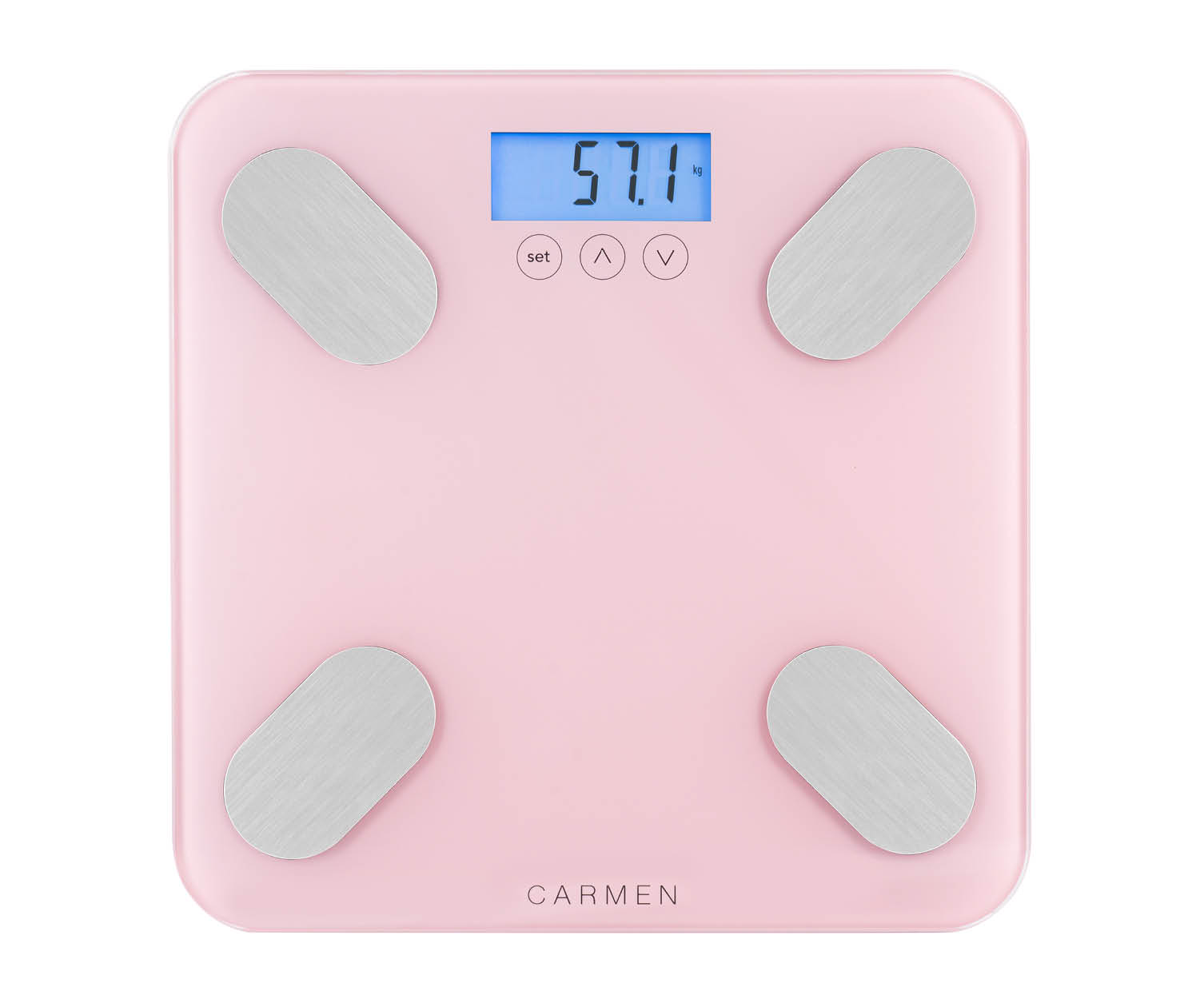 Een roze digitale badkamerweegschaal geeft 57,1 kg weer. Het heeft zilverkleurige pads en knoppen en de merknaam 'CARMEN'.