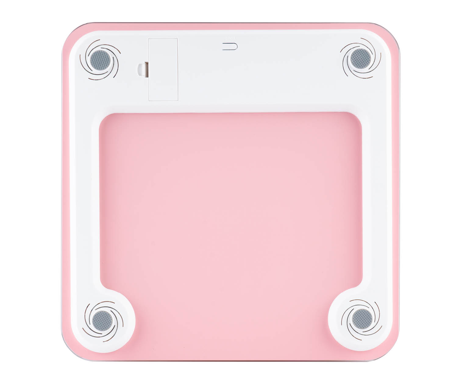 Roze digitale badkamerweegschaal, bovenaanzicht. Witte rand met grijze pads.