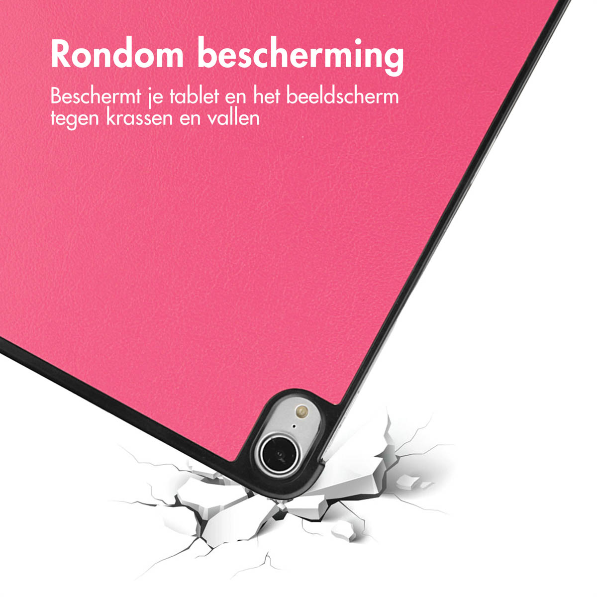 Eine rosa Tablethülle mit Kameraausschnitt. Die Hülle zerbricht eine Oberfläche, Risse sind sichtbar.