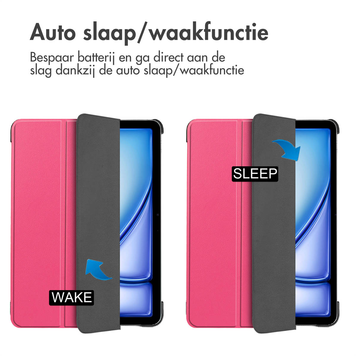 Zwei Bilder, die ein rosa und graues Tablet-Case zeigen. Eines zeigt offen, das andere geschlossen.