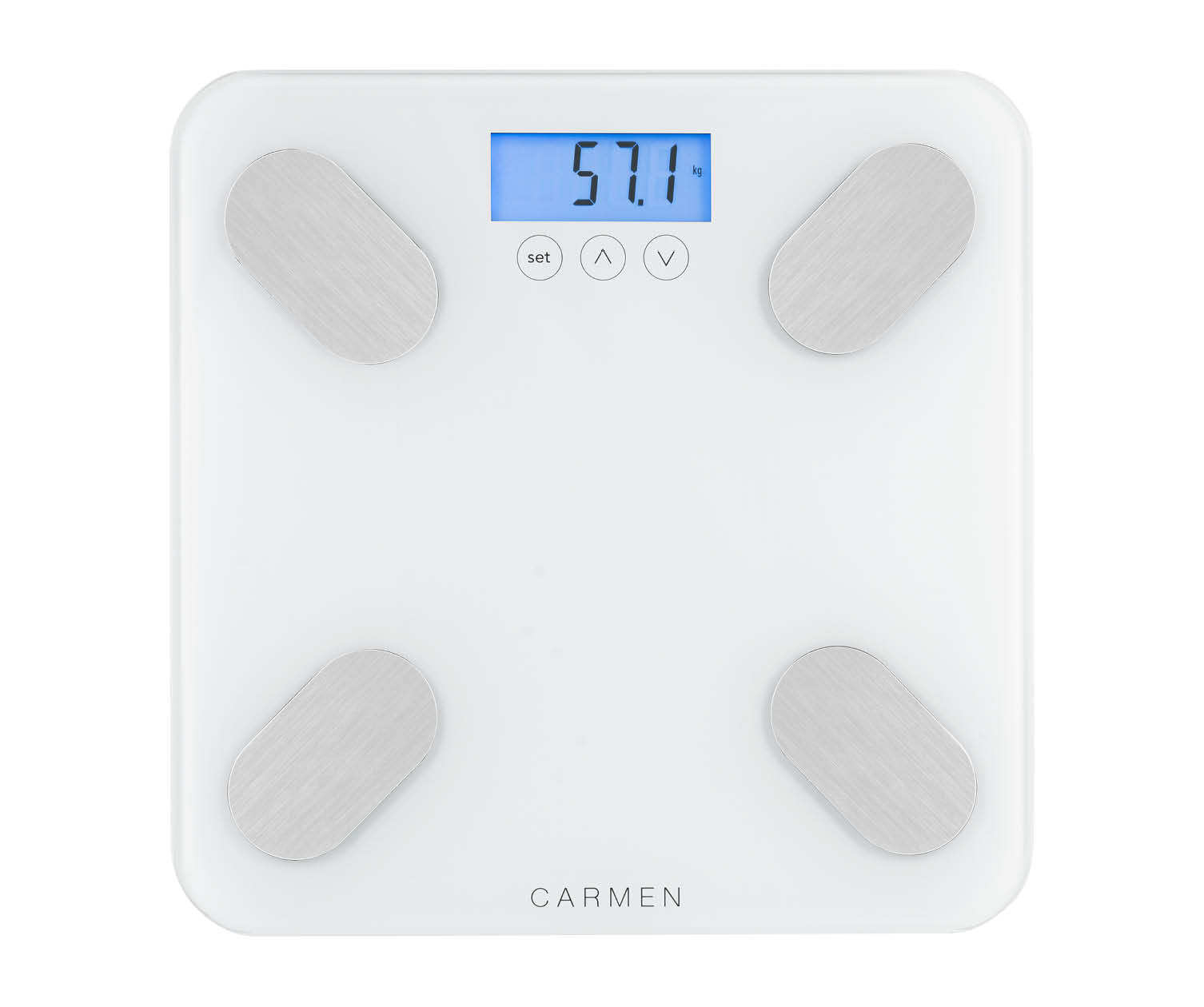 White digital scale with four gray pads and a display showing 57.1 kg. Brand name: CARMEN.