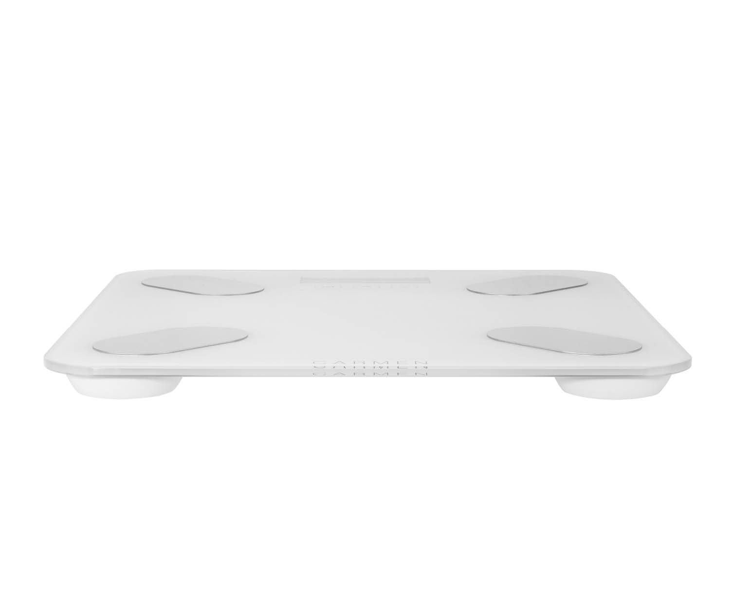 A white digital bathroom scale with four silver pads on a white background. The scale is clean.