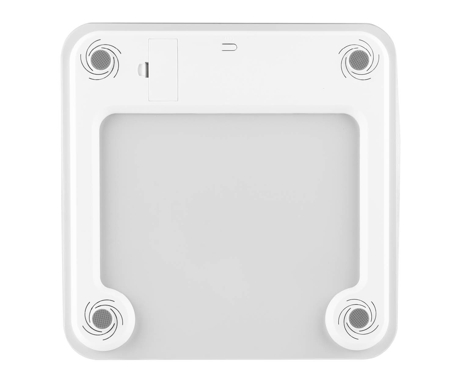 A white scale, bottom view, with four circular feet and a battery compartment.