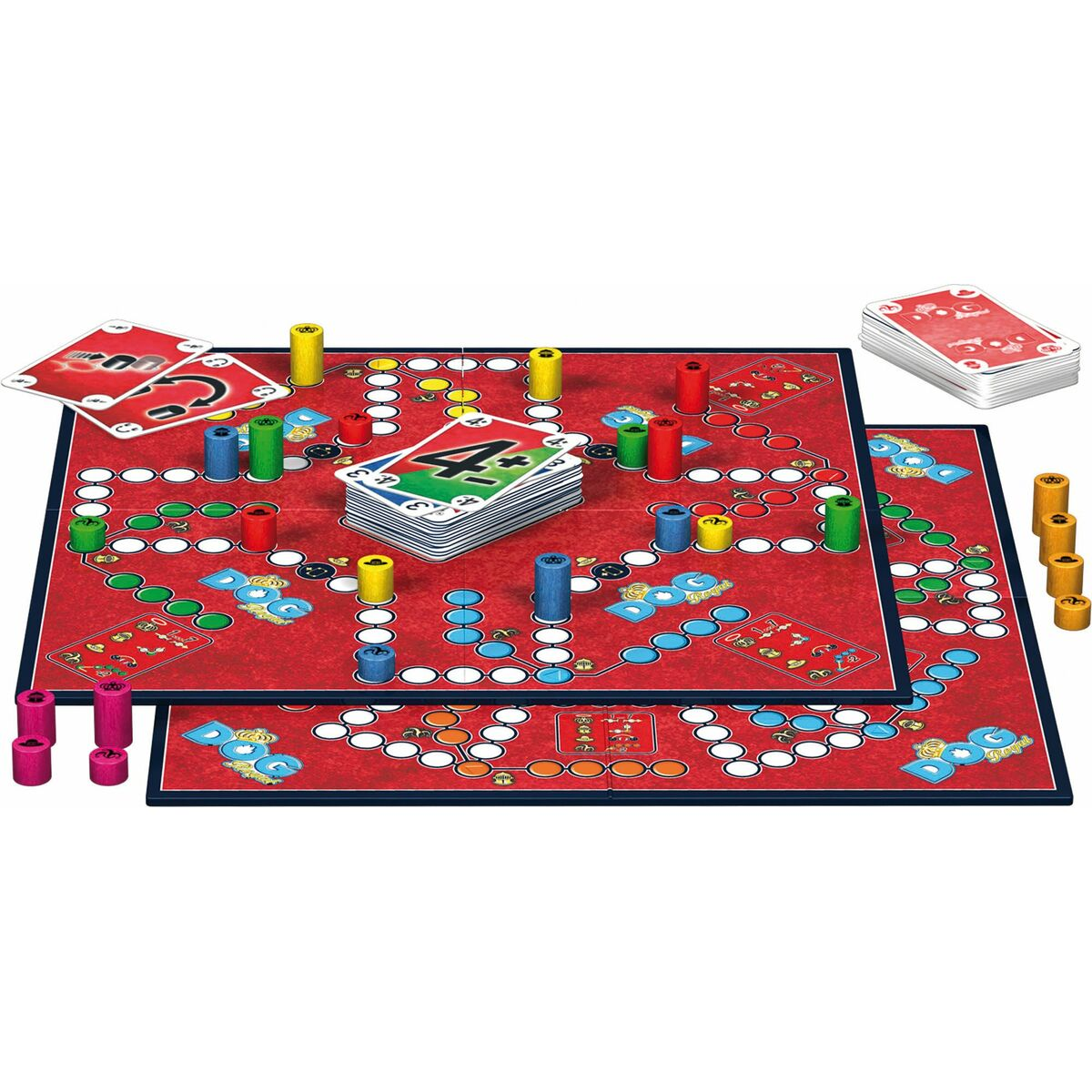 Brettspiel mit roten Spielbrettern, Karten und Spielsteinen. Die Karten zeigen Zahlen.