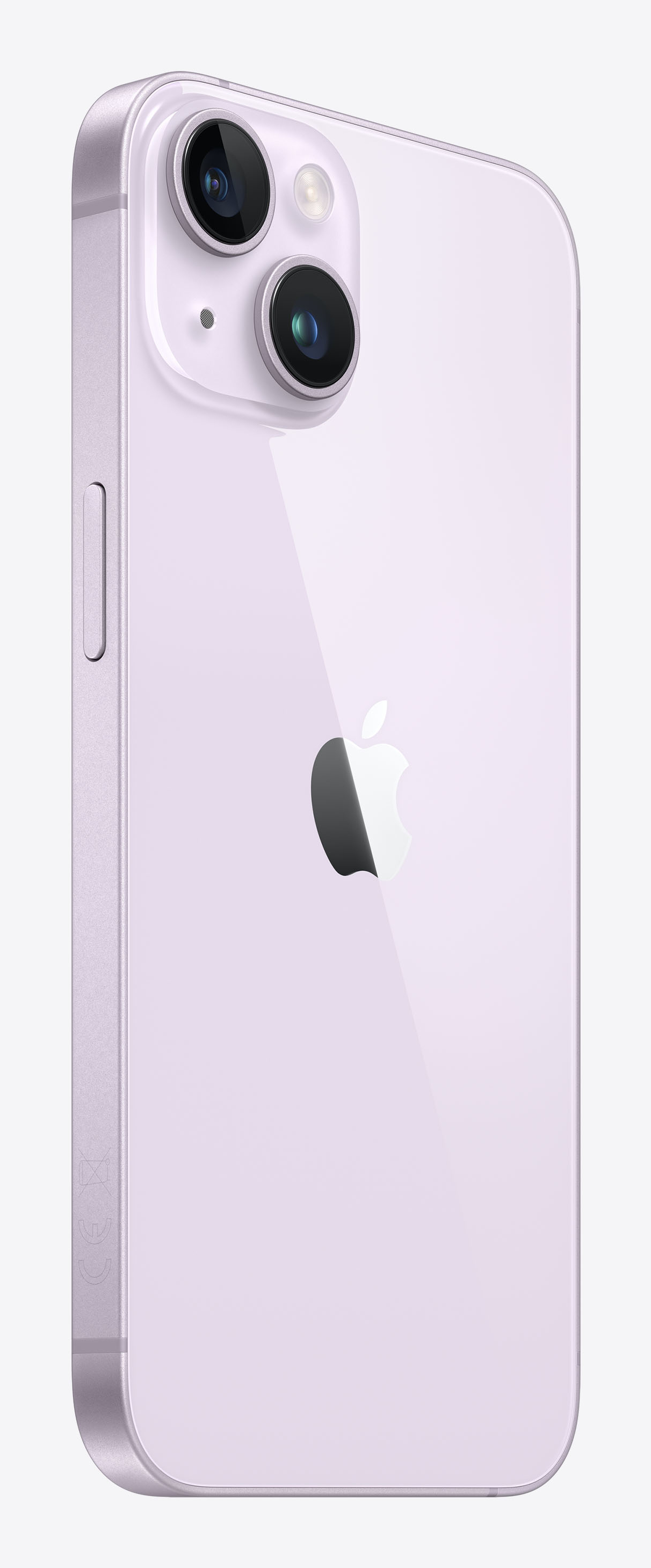 Fioletowy iPhone 14, pod kątem, pokazujący tył z obiektywami aparatu i logo Apple.