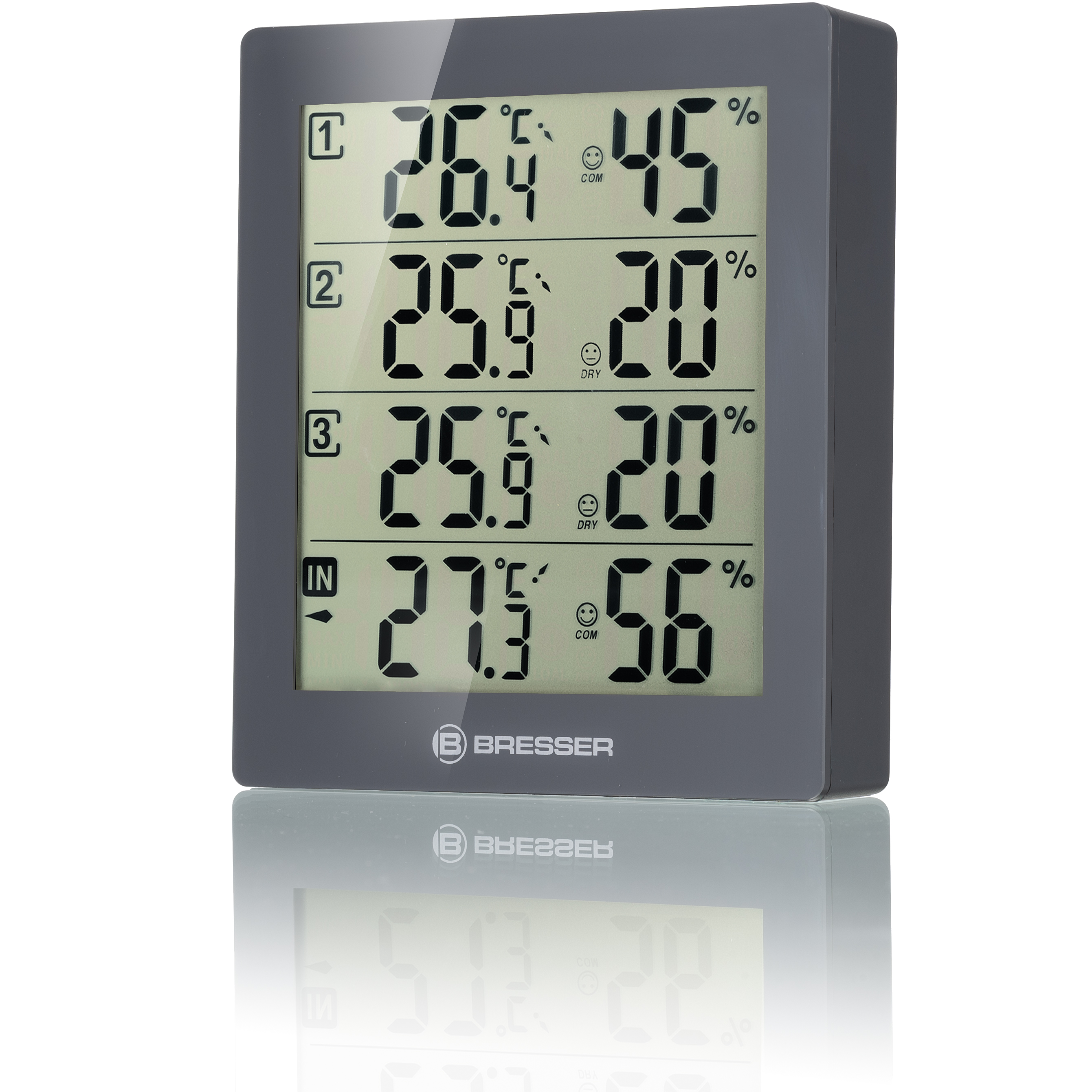 Ein graues digitales Thermometer, das Temperatur- und Feuchtigkeitswerte anzeigt.