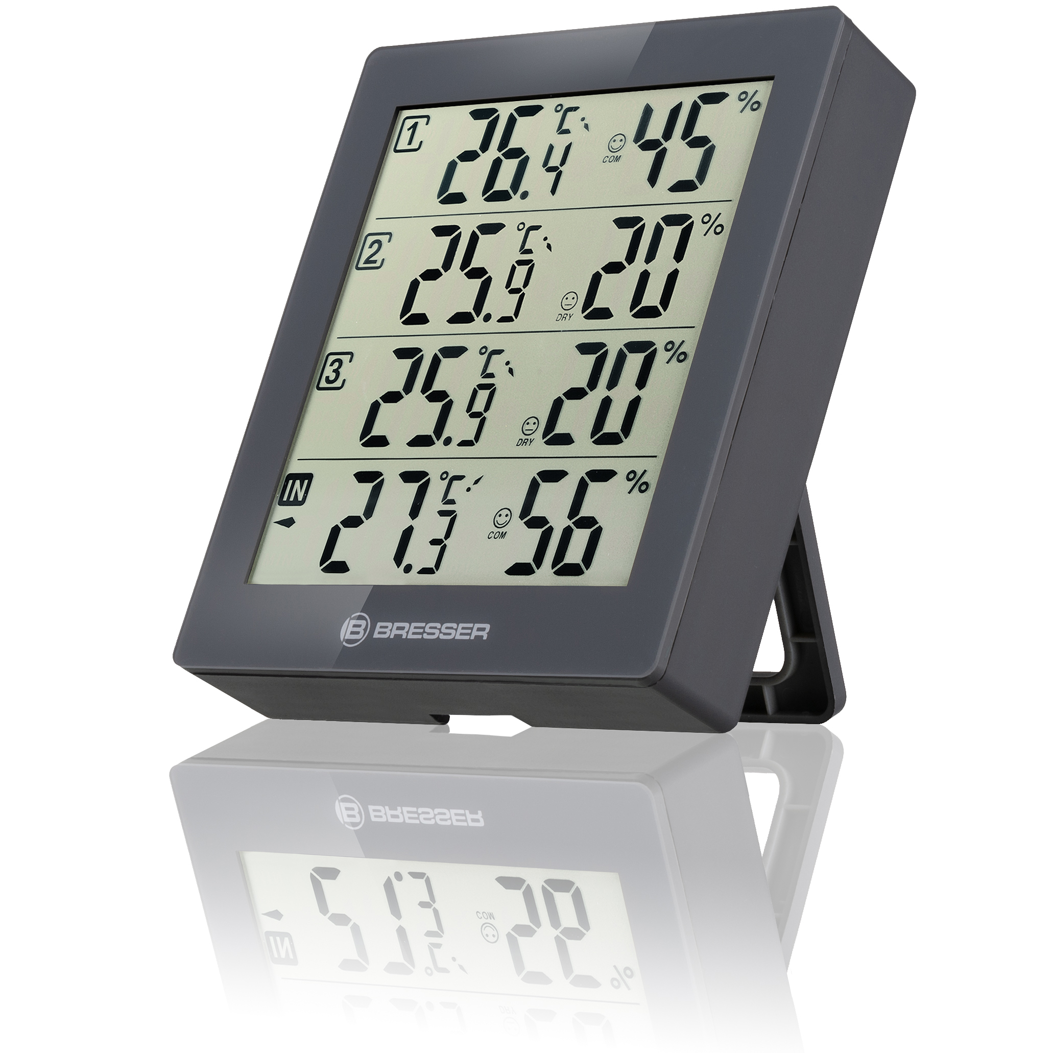 Graue digitale Wetterstation mit Temperatur, Luftfeuchtigkeit und Messwerten von drei Sensoren.
