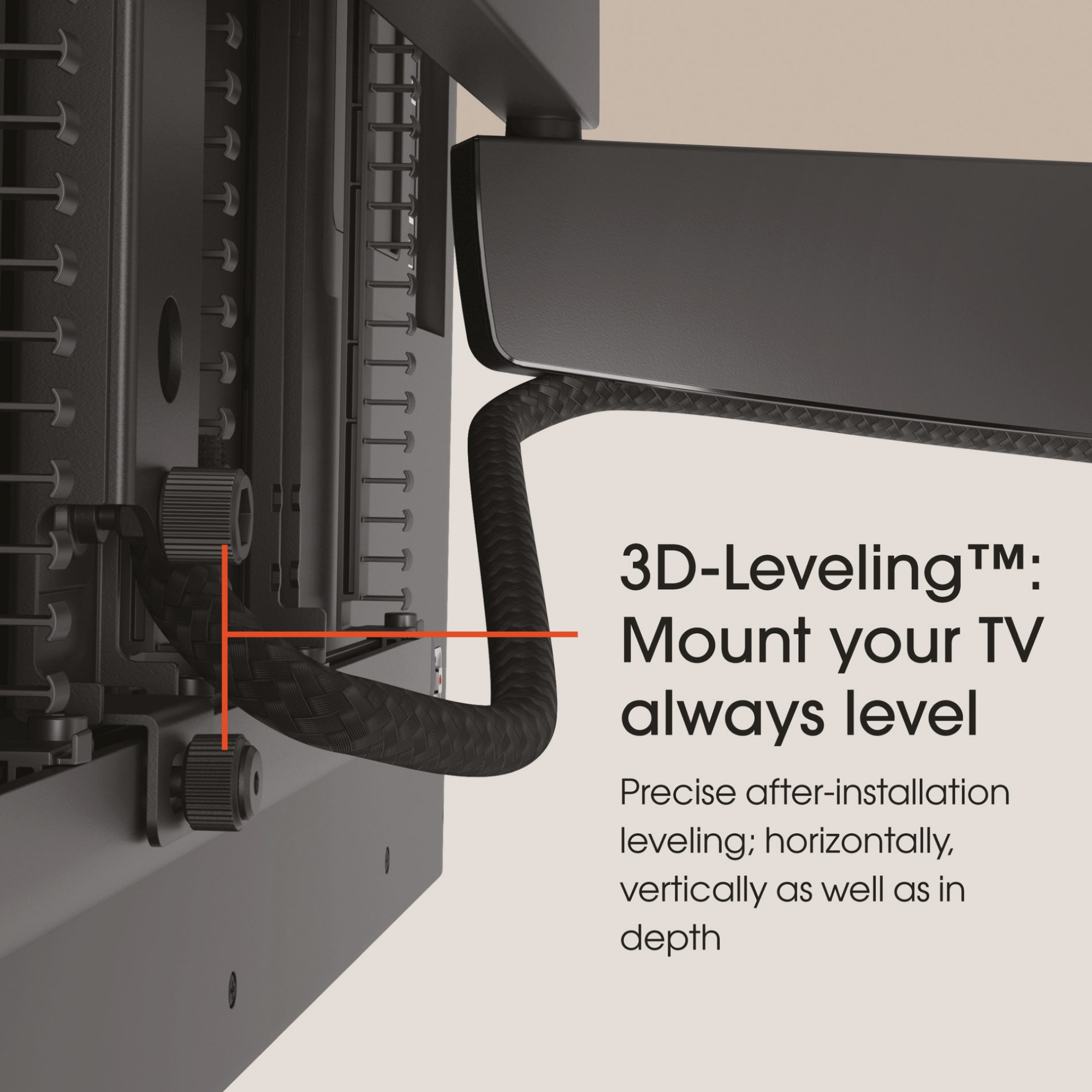 Zbliżenie uchwytu TV z czarnym kablem. Tekst podkreśla poziomowanie 3D.
