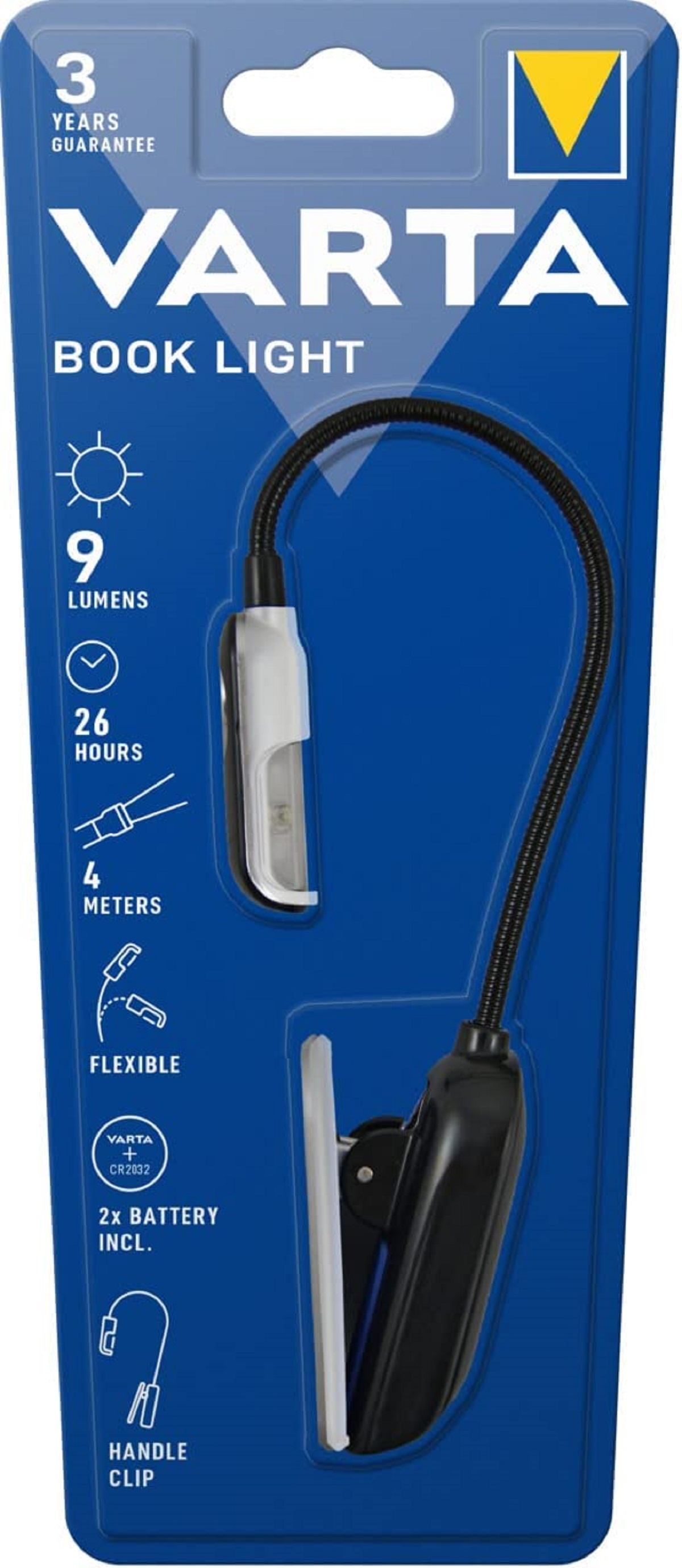 Confezione luce da lettura Varta: blu, con braccio nero flessibile, clip e luce bianca.