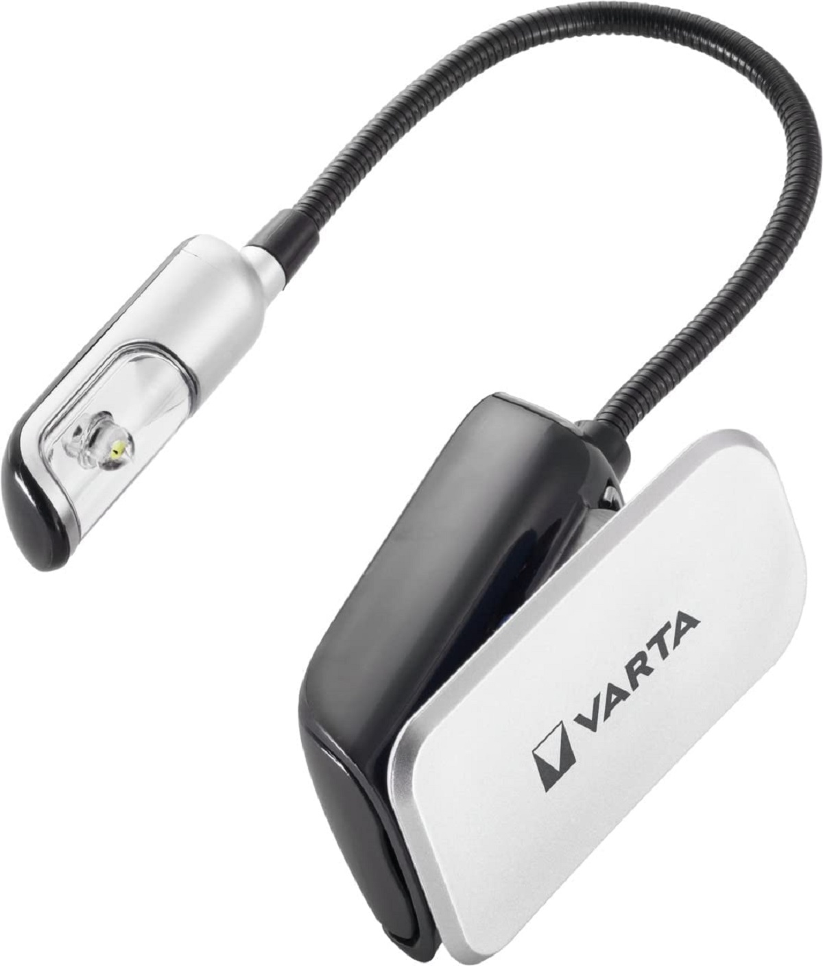 Una lampada da lettura Varta con collo flessibile e clip per il fissaggio a una superficie.