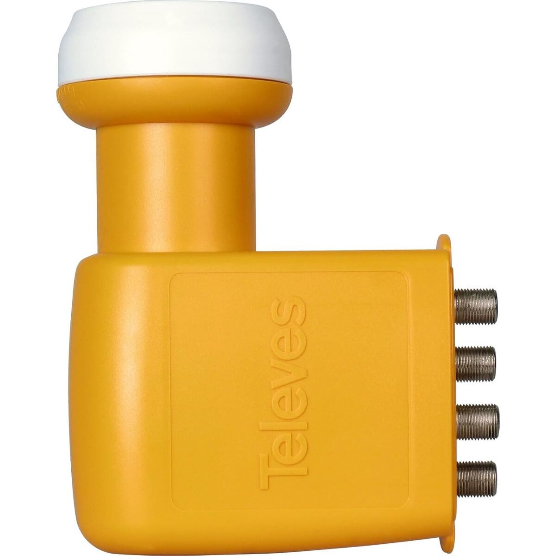 Ein orangefarbener Satelliten-LNB. Es hat vier Anschlüsse. Das Wort 'Televes' ist sichtbar.