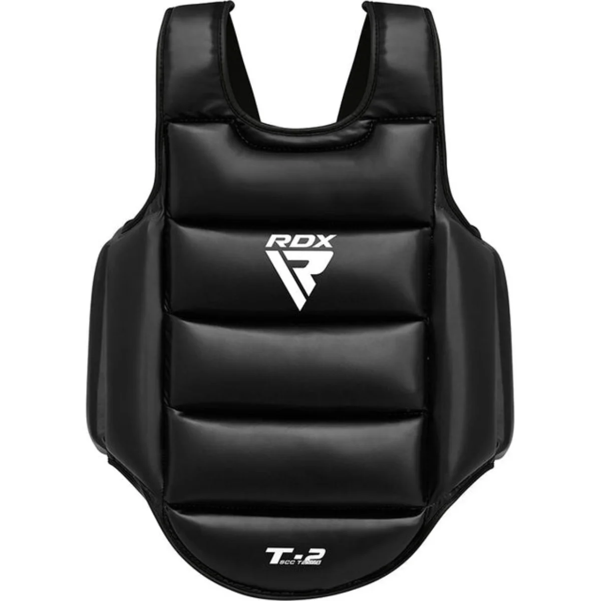 Black chest protector with RDX logo, white text, and padding, front view, black background.