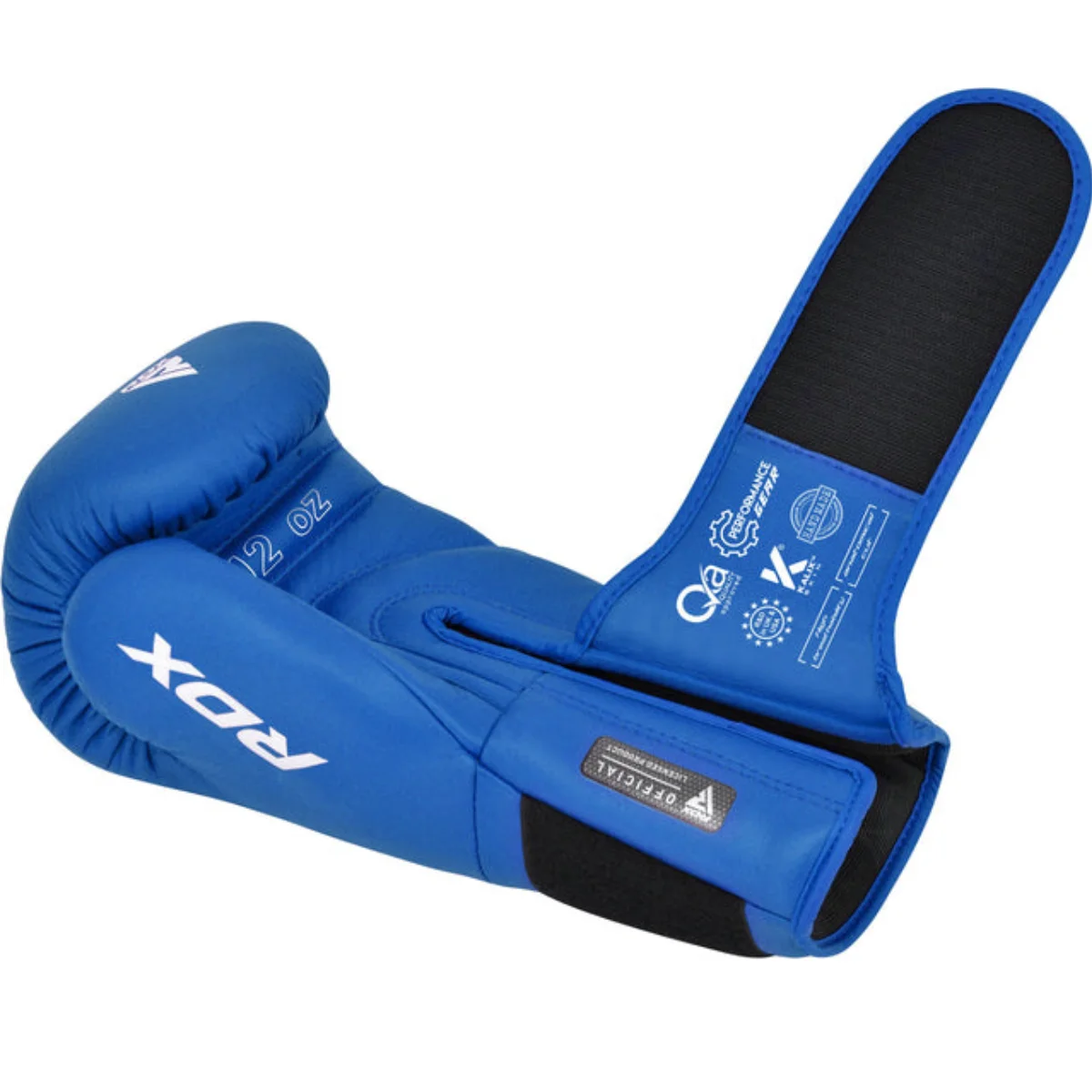 A blue boxing glove with white RDX logo and text. The glove is open. Close-up.