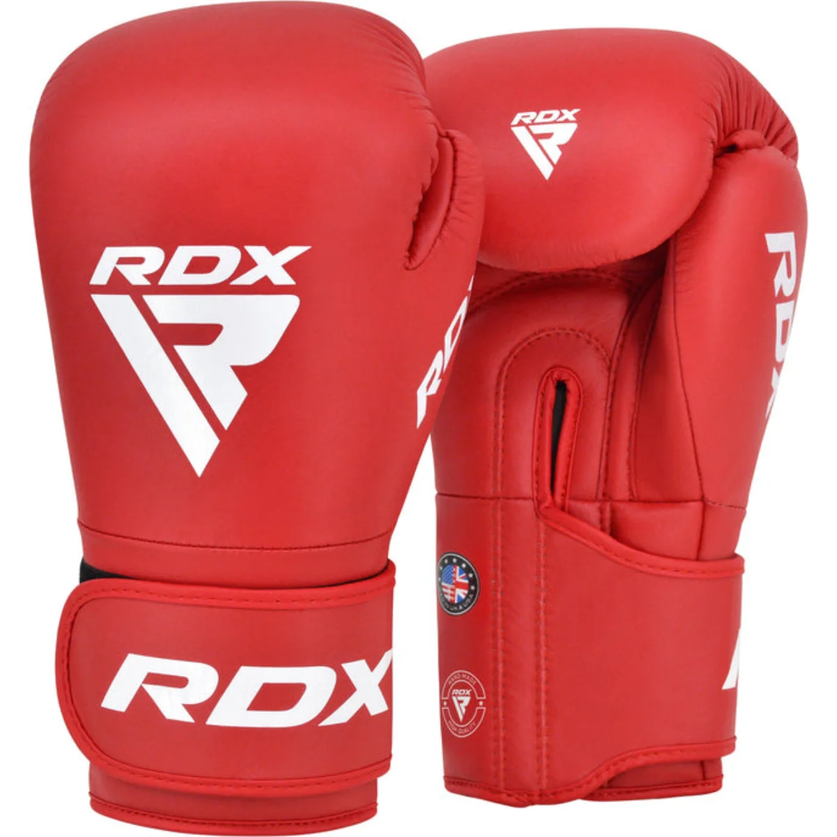 Two red boxing gloves with white logos. A velcro strap secures the wrist.