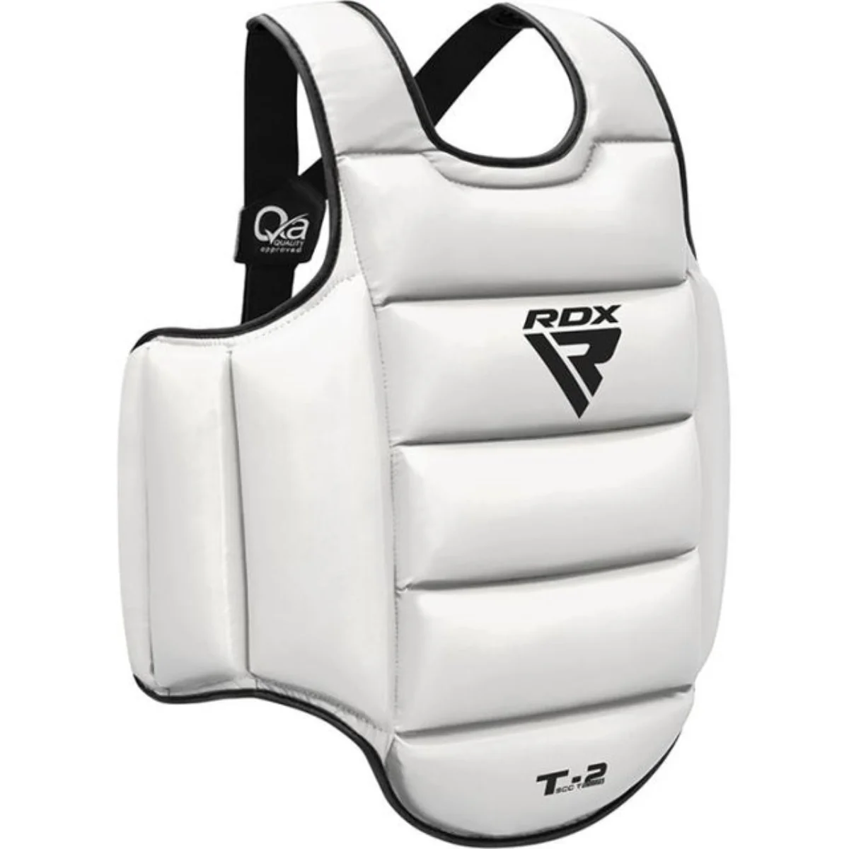 A white chest protector with black trim and padding, branded with 'RDX'. The words 'T-2' and '800 TECH' are visible.