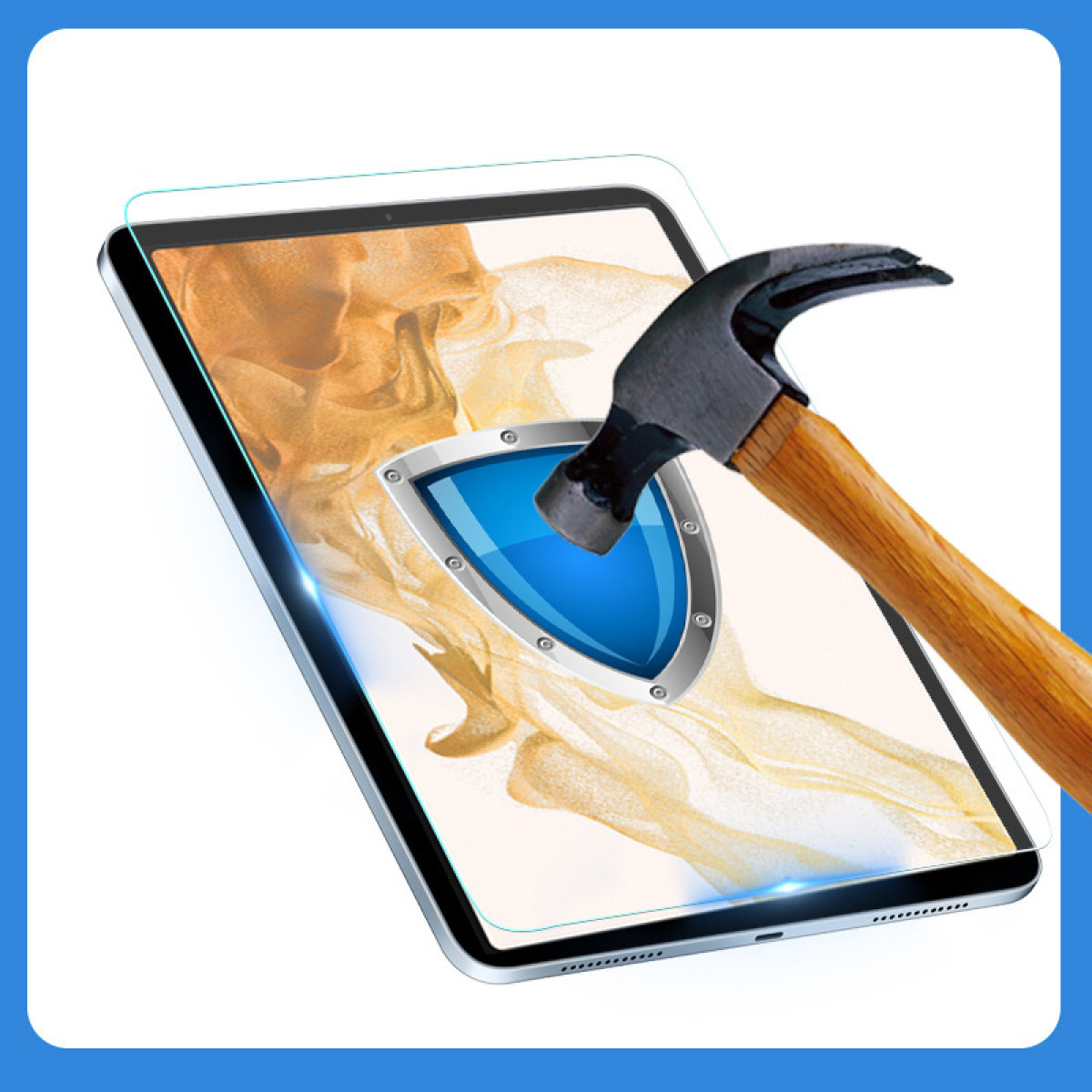 Een tablet met schermbeschermer die door een hamer wordt geraakt. Blauwe schildafbeelding op het scherm.