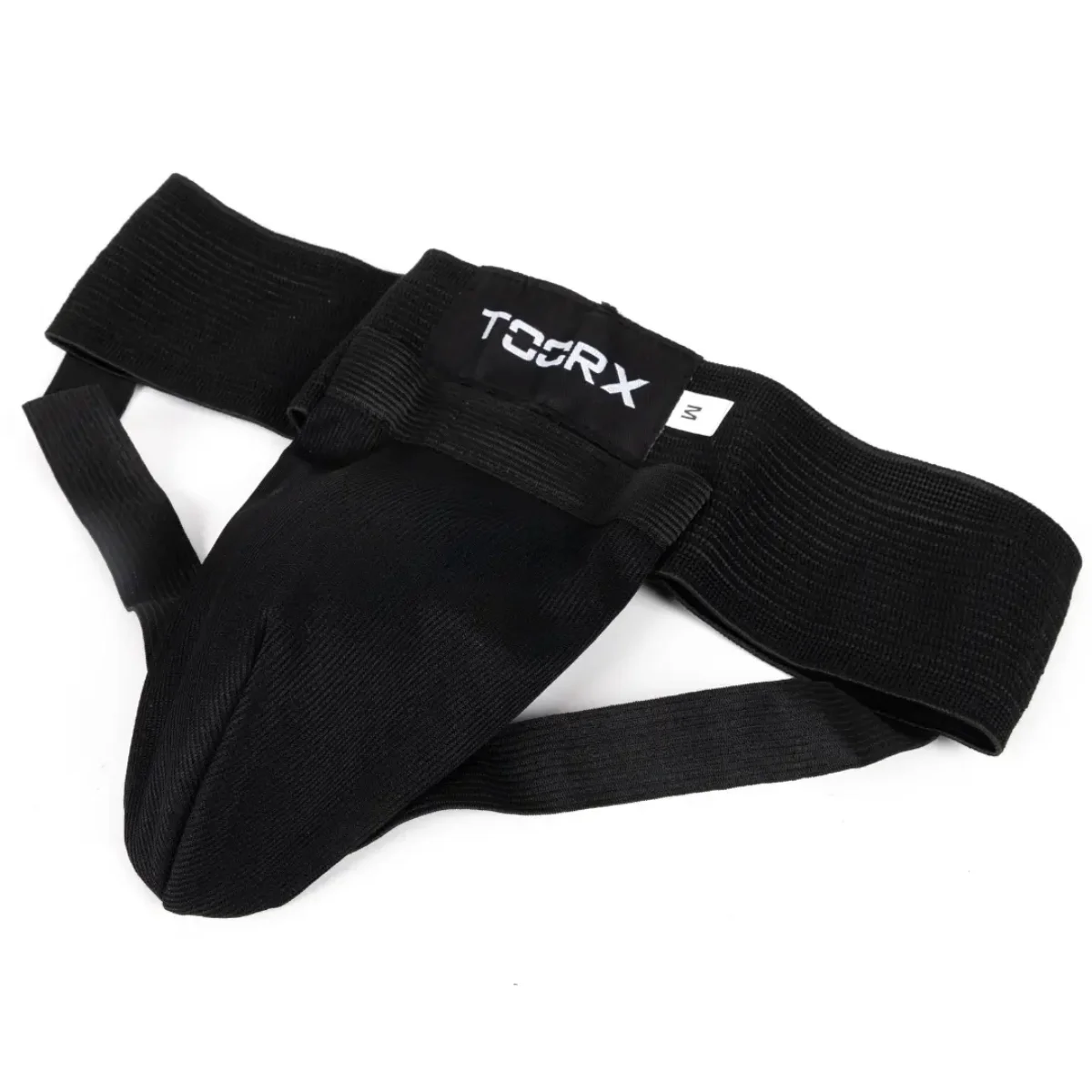 Jockstrap noir avec texte blanc 'TCORX'. Il est sur une surface blanche. Plan rapproché.