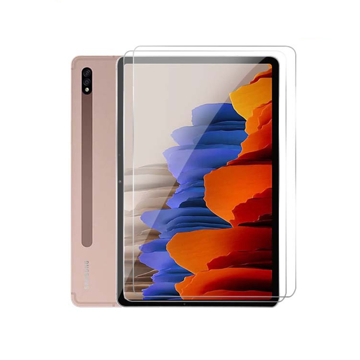 Een roze tablet met een schermbeschermer staat rechts. De achtergrond is wit.
