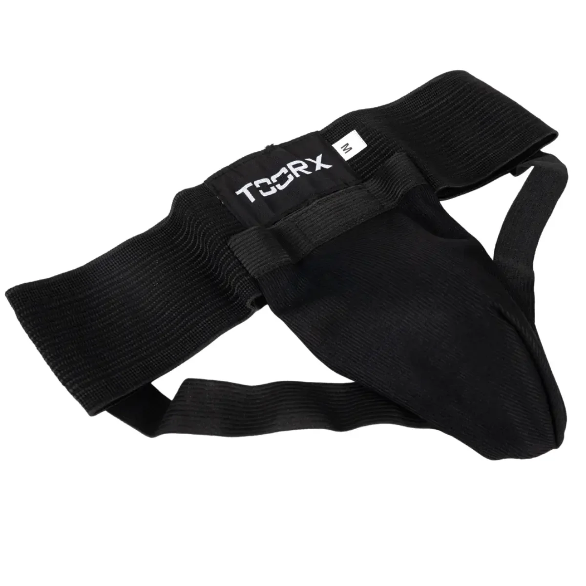 Protège-coquilles noir avec texte blanc sur la ceinture. Une sangle est attachée.