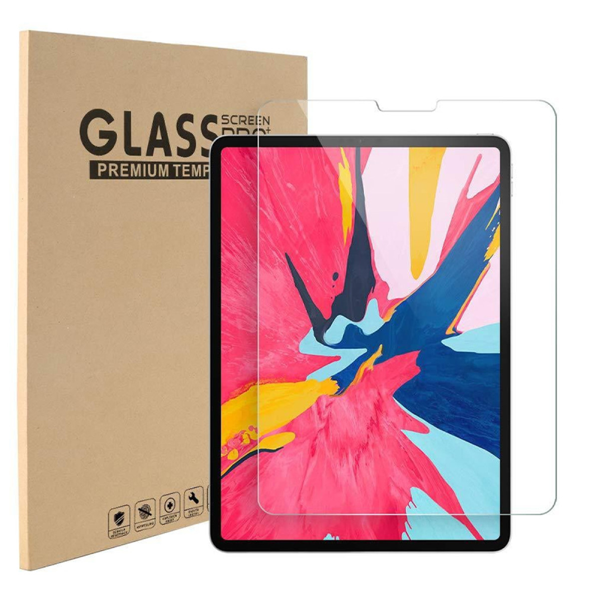 Een tablet met een schermbeschermer naast een doos. De achtergrond is wit.