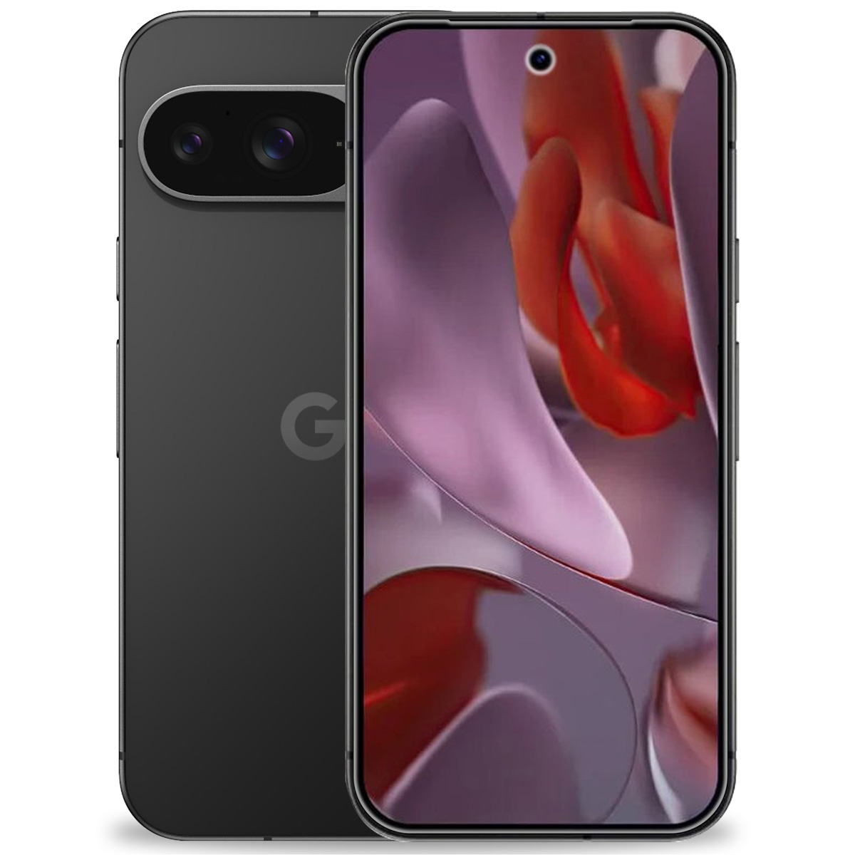 Een zwarte smartphone met twee camera's aan de achterkant en een camera aan de voorkant. De achterkant heeft een