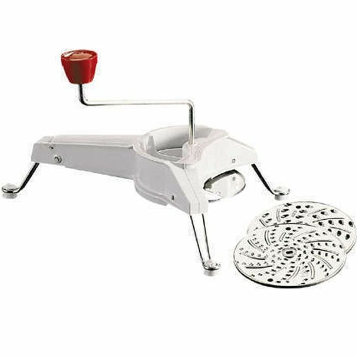 Un elettrodomestico da cucina bianco con manico rosso e due lame intercambiabili. Sfondo bianco.