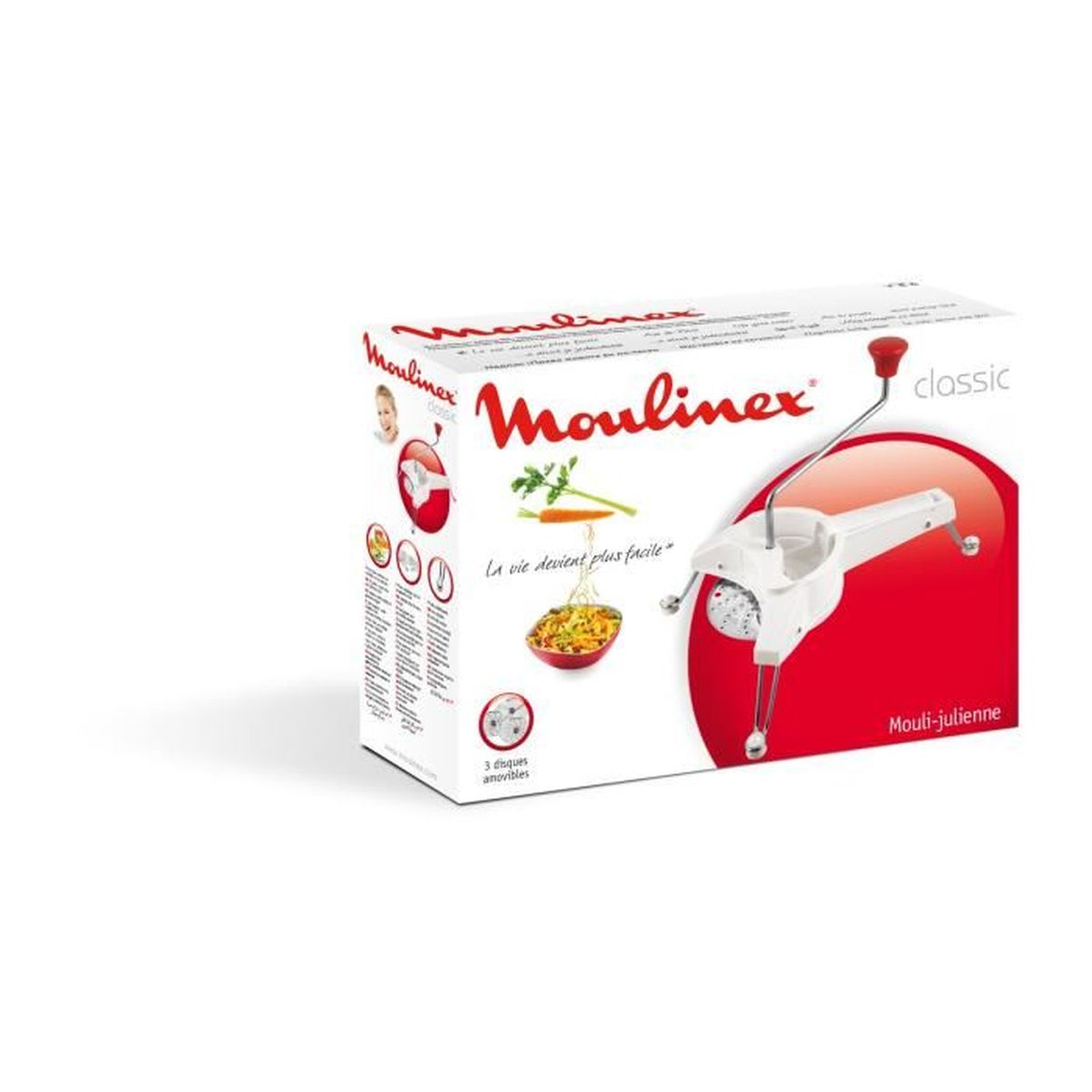 Scatola Moulinex, bianca con dettagli rossi, mostra un robot da cucina e ingredienti.