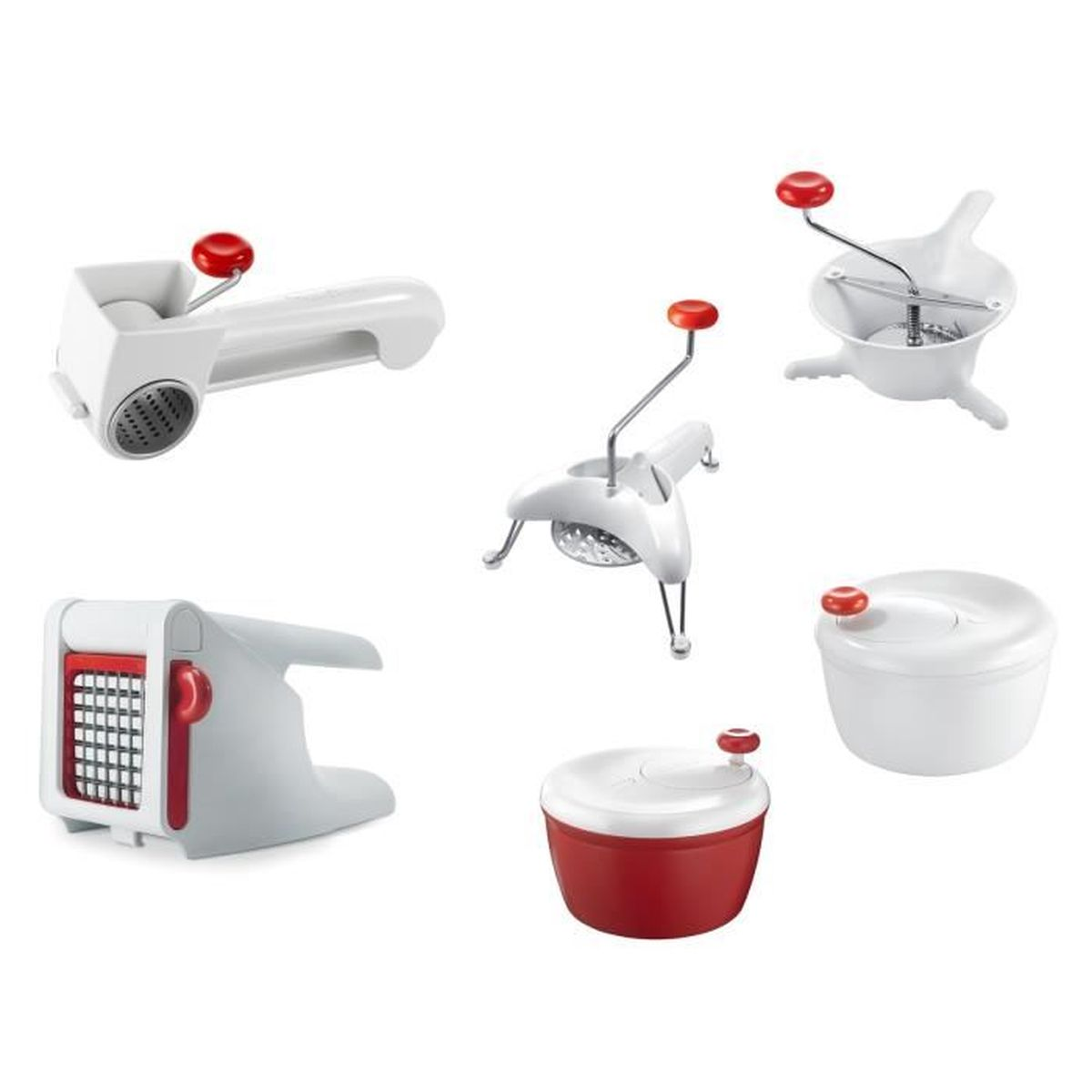 Assortimento di utensili da cucina. Include una grattugia, un passaverdure e un'asciuga insalata.