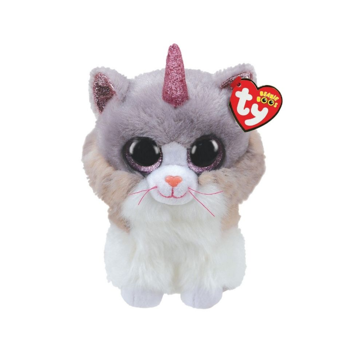 Een pluche kat met een eenhoornhoorn en een TY hartlabel.