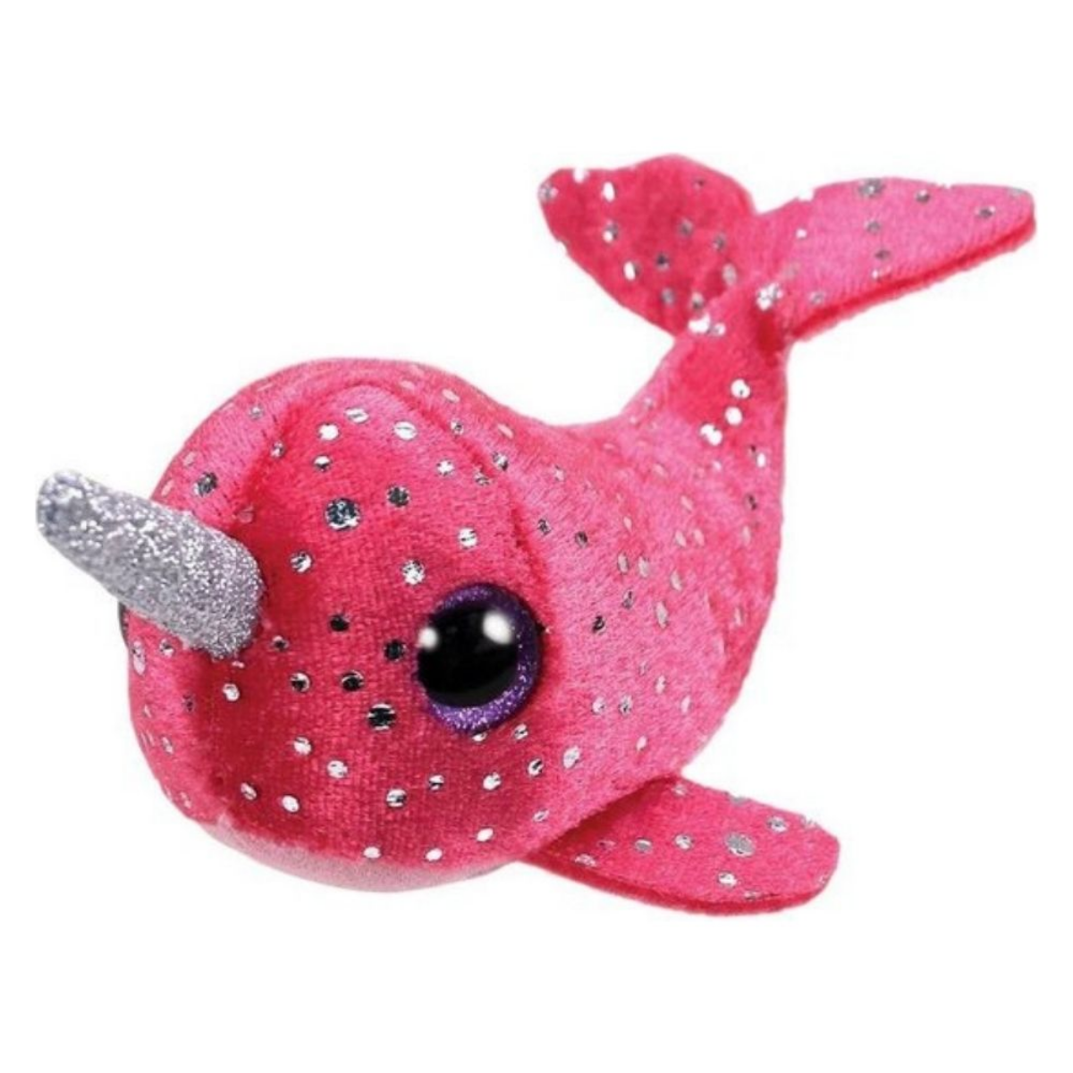 Een roze narwal pluchen speelgoed met zilveren glitters en een hoorn. Het heeft een zwart oog.