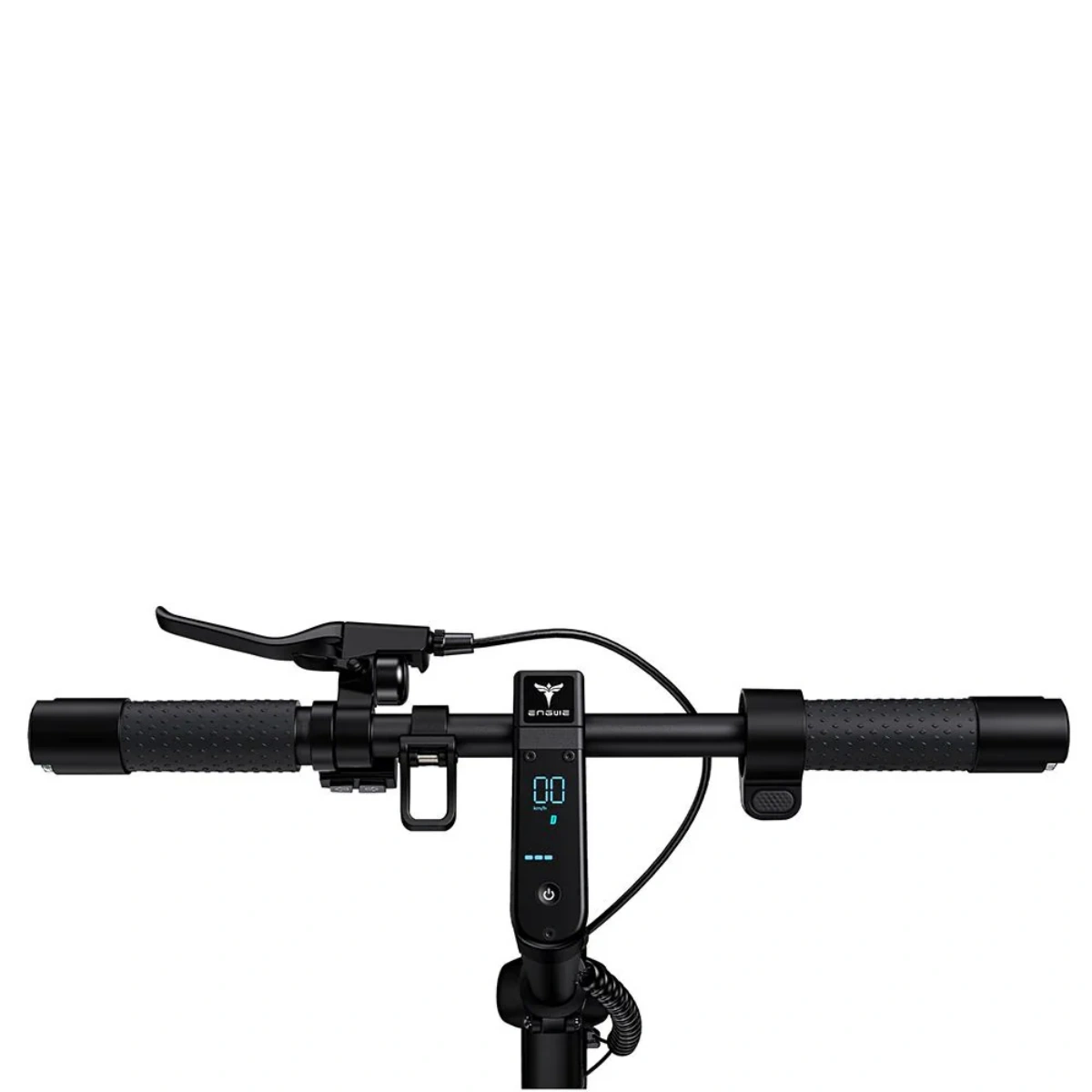 Manubrio nero di monopattino elettrico con display digitale che mostra velocità e livello batteria, su sfondo bianco.